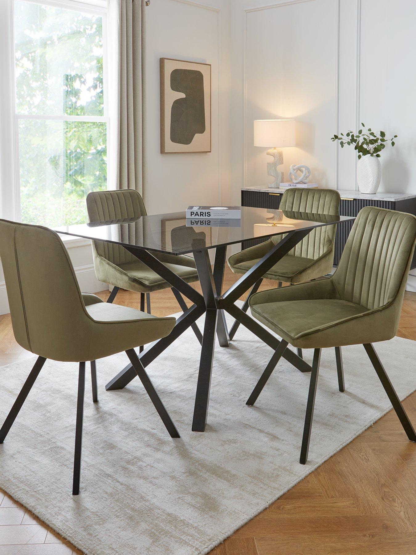 The Very Collection Chopstick Black 130 cm Rectangular Dining Table + 4 Marlow Moss Green Chairs