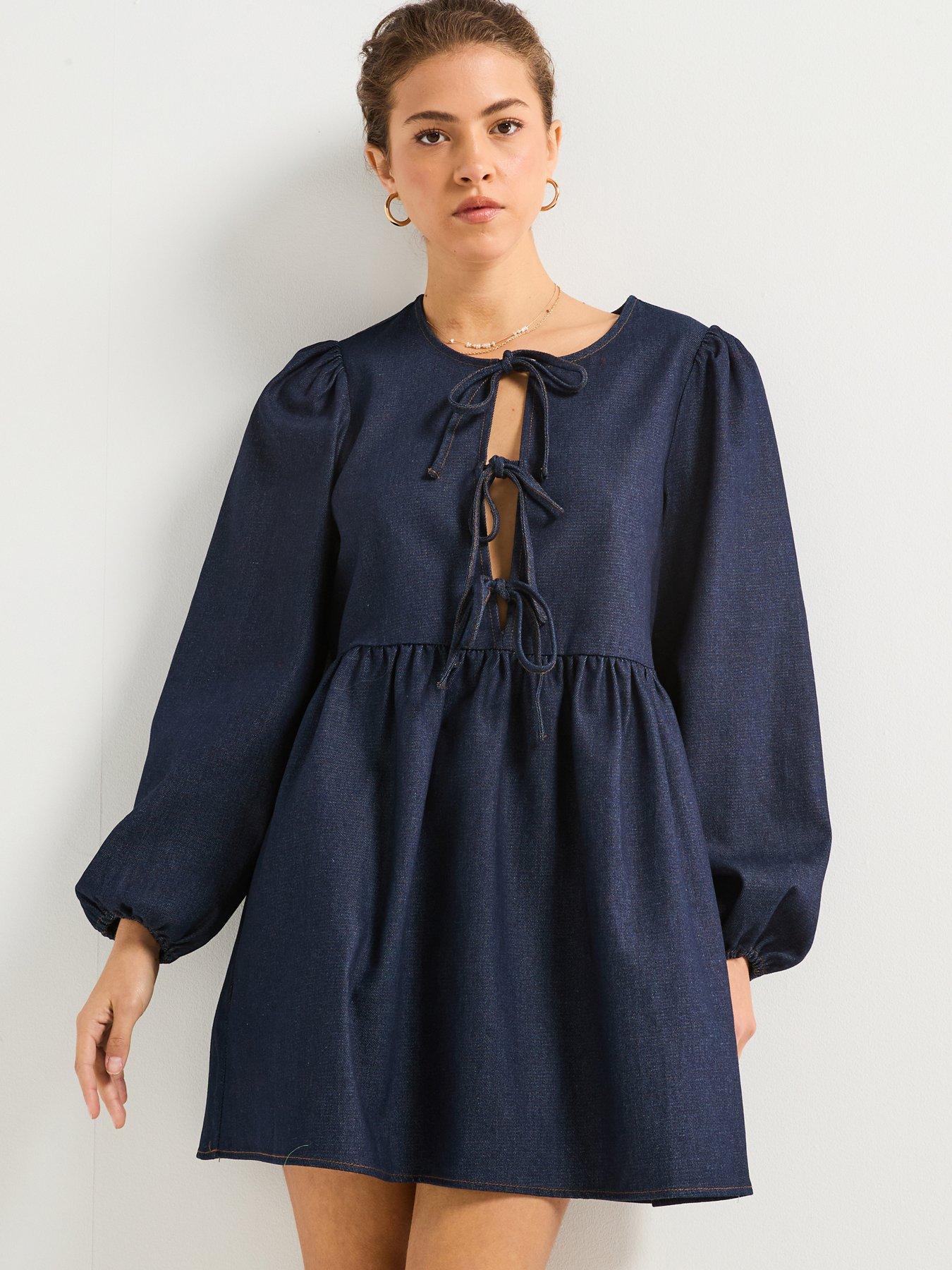 PIECES Asta Long Sleeve Front Tie Denim Dress - Blue