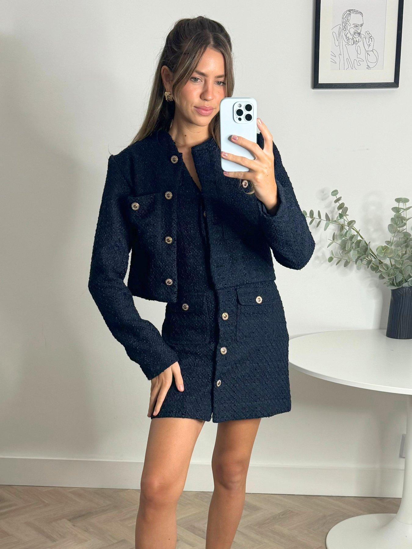 undefined Button Detail Boucle Knit Jacket - Navy