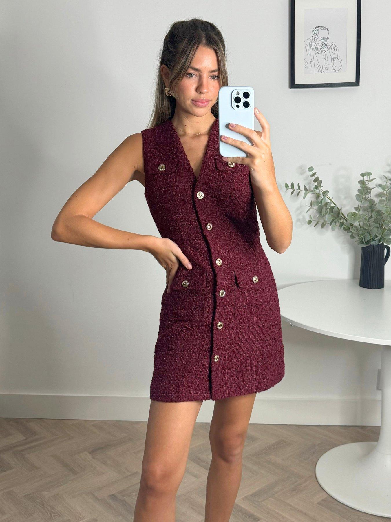  image of style-cheat-textured-button-detail-dress-burgundy