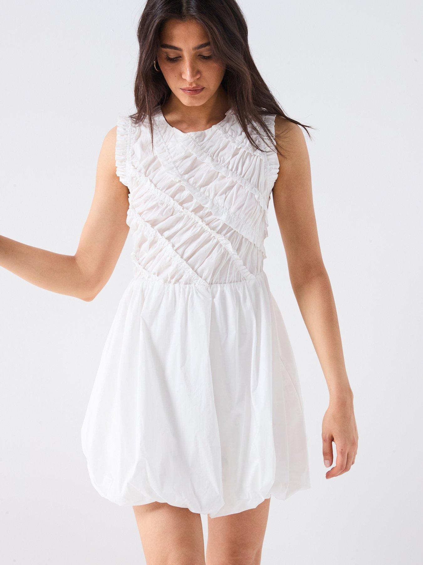 undefined Shirred Bodice Puff Ball Mini Dress - White