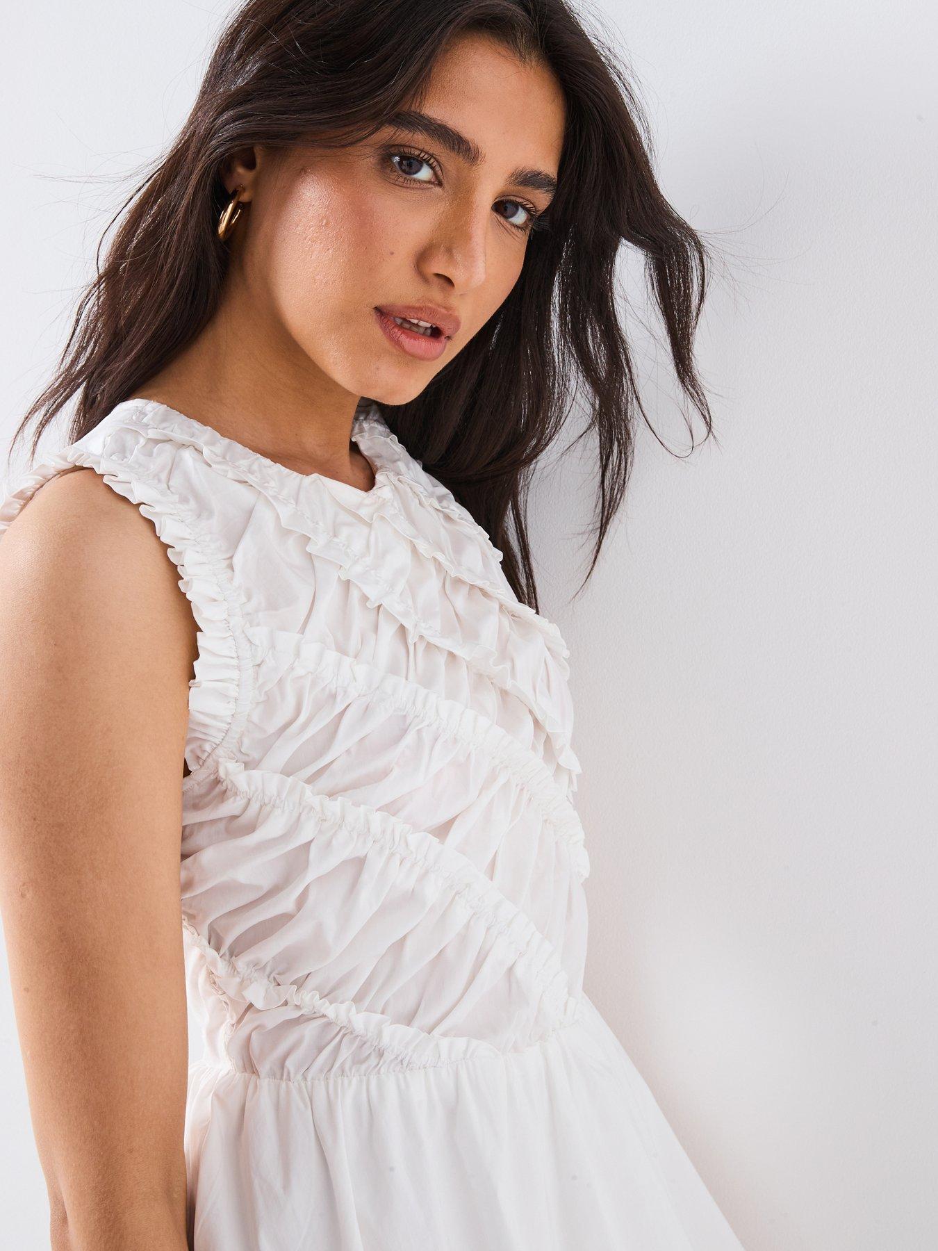  image of v-by-very-shirred-bodice-puff-ball-mini-dress-white