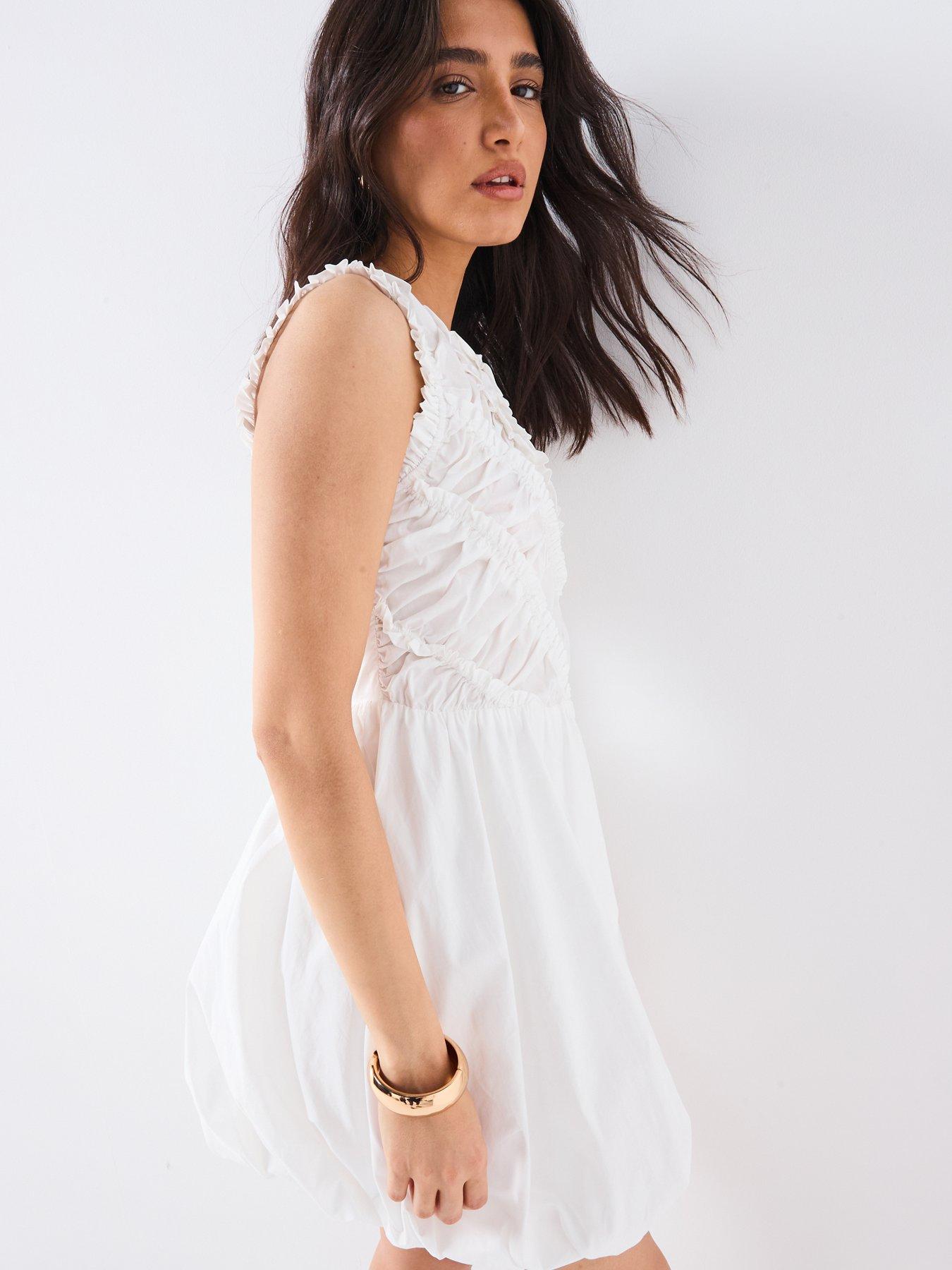  image of v-by-very-shirred-bodice-puff-ball-mini-dress-white