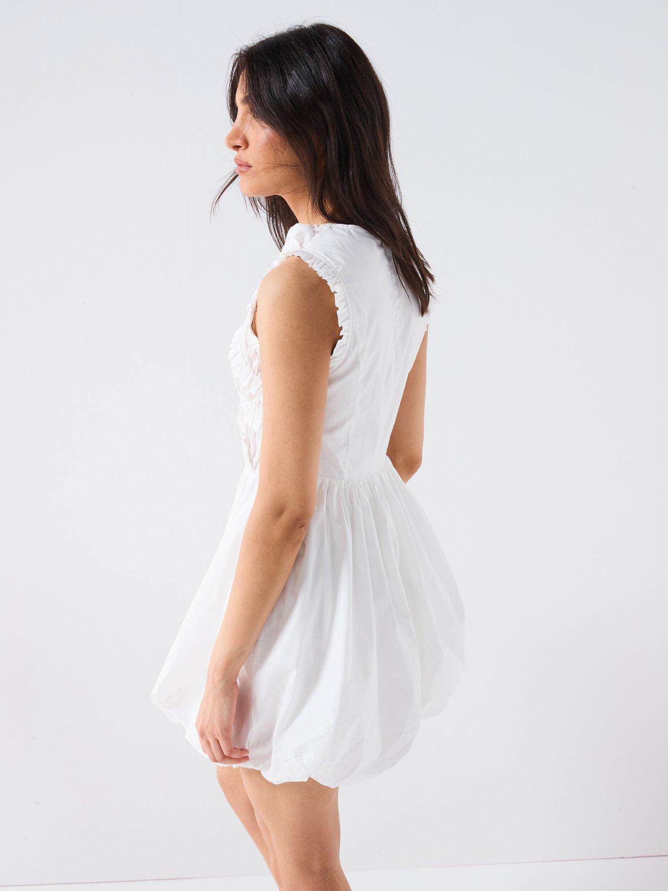  image of v-by-very-shirred-bodice-puff-ball-mini-dress-white