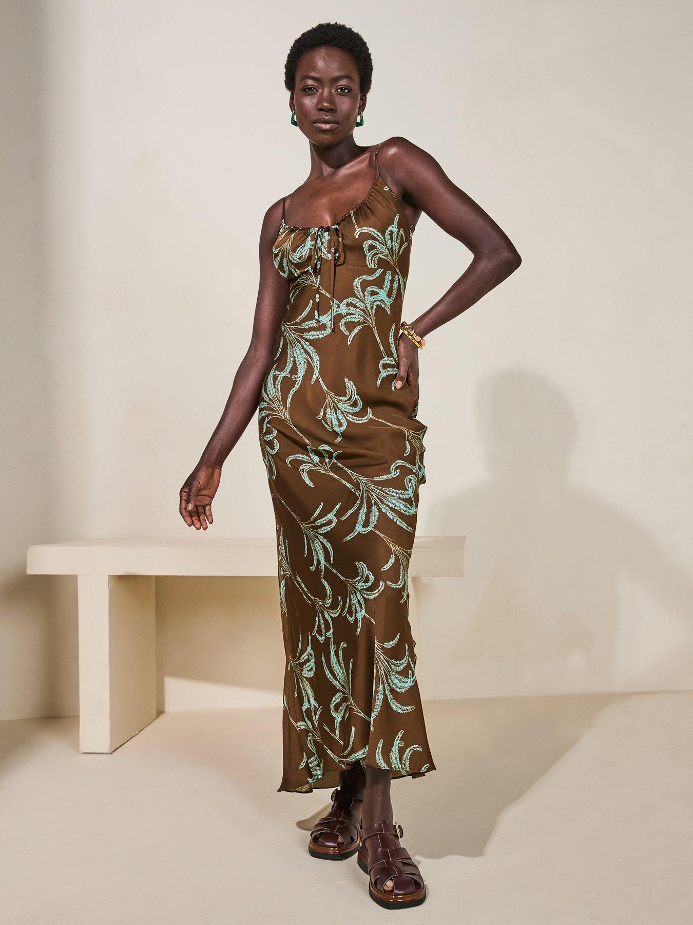 undefined Printed Satin Cami Midaxi Dress - Brown