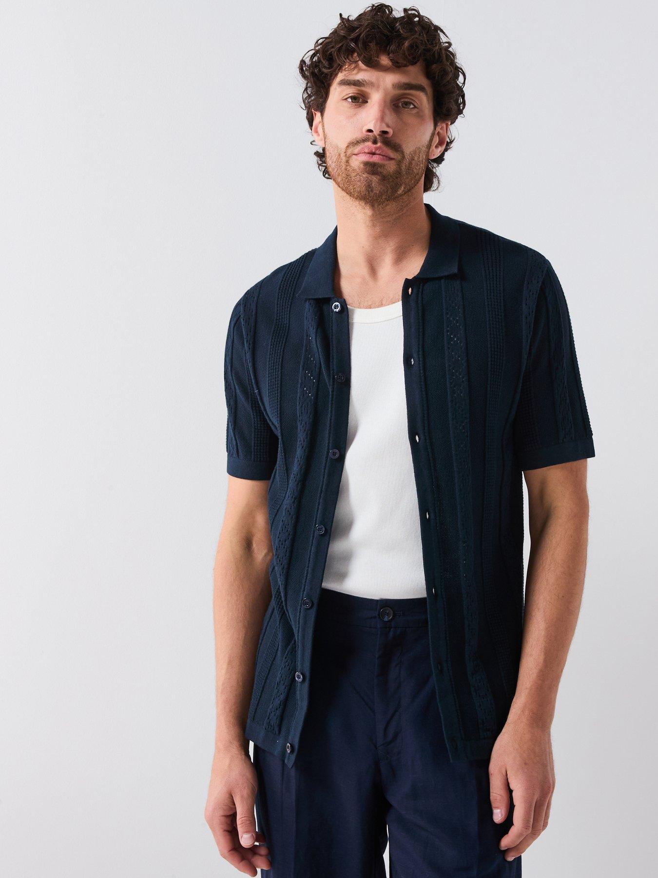  image of very-man-knitted-button-through-polo-shirt-navy