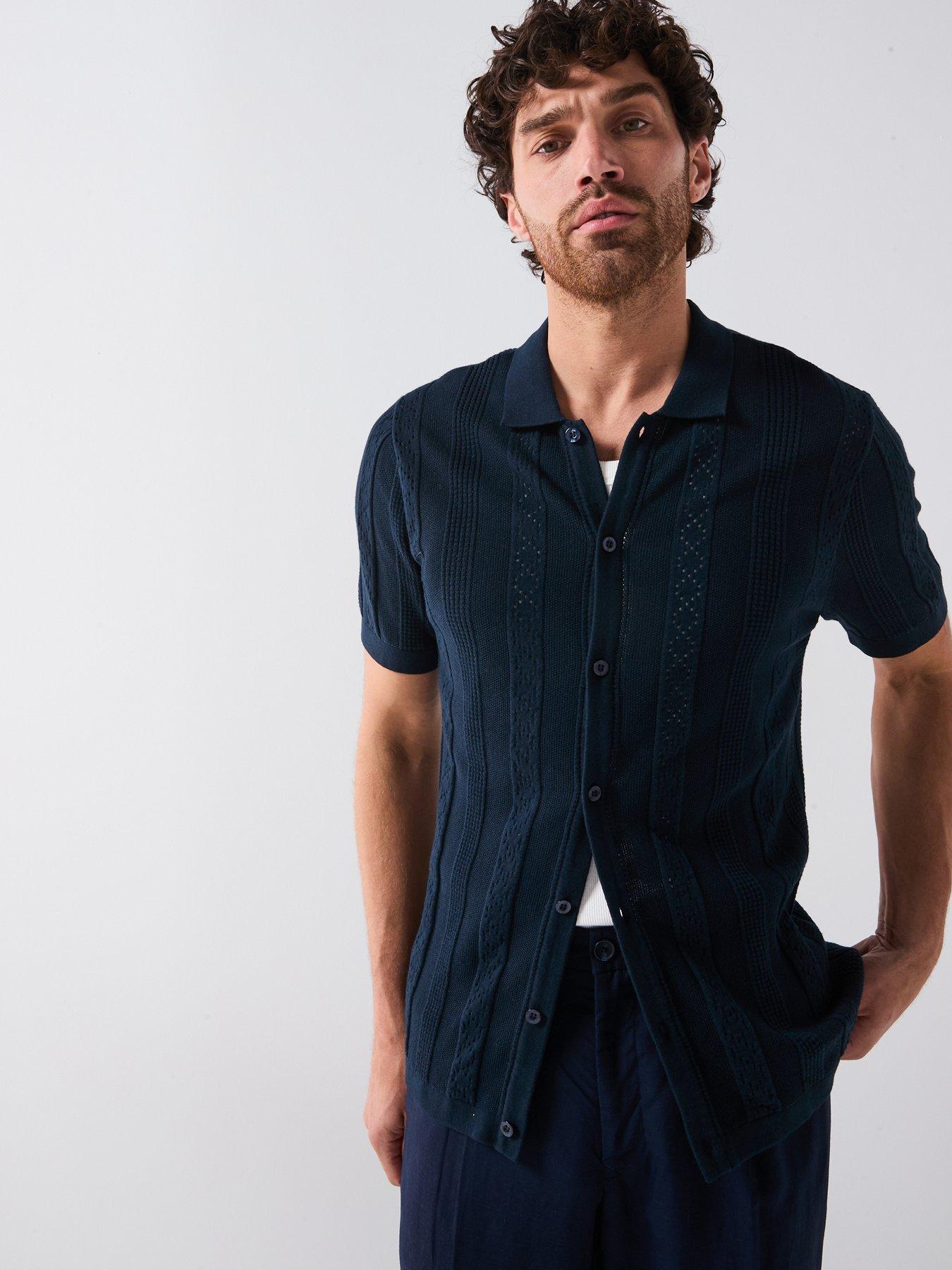  image of very-man-knitted-button-through-polo-shirt-navy