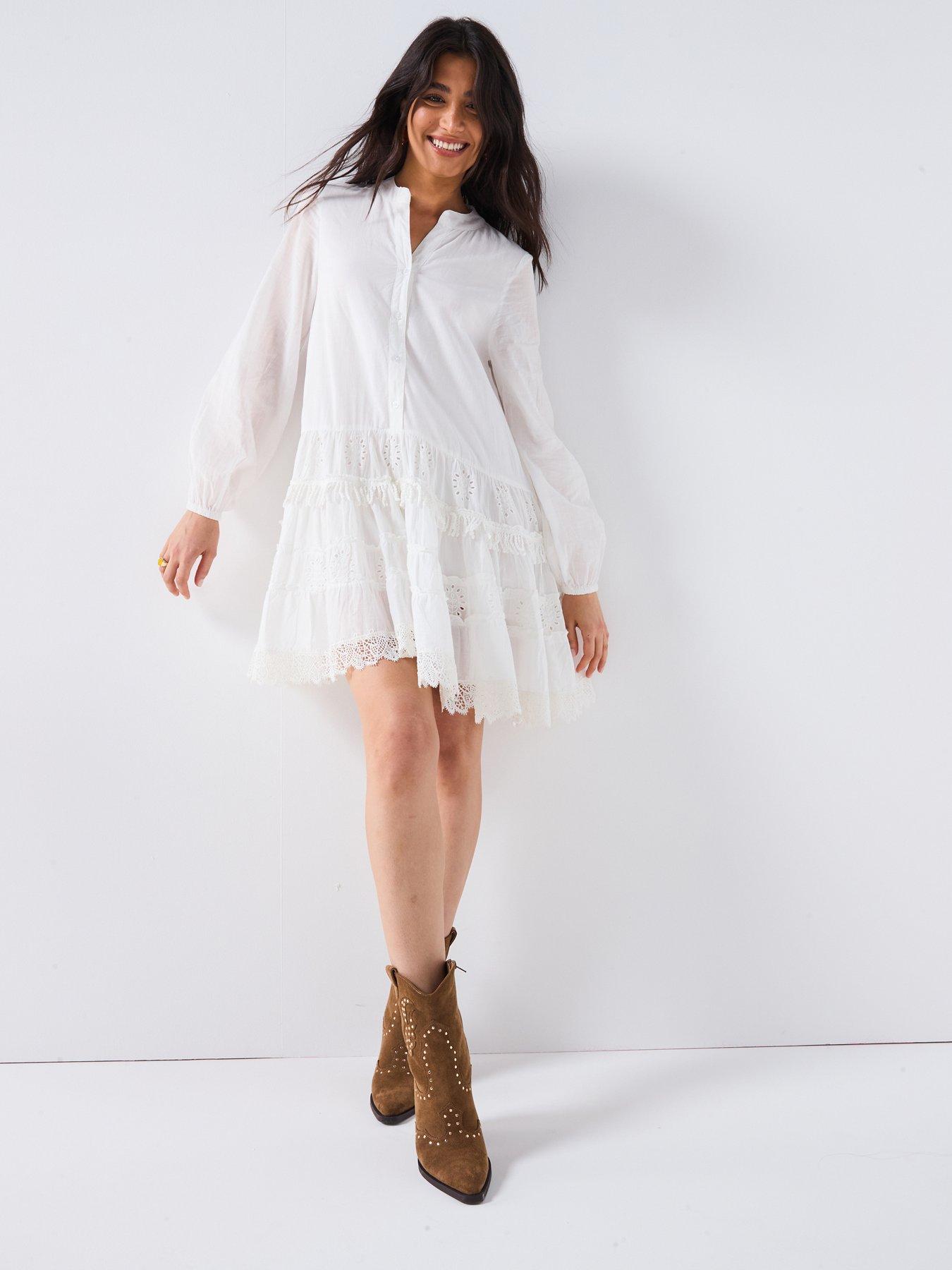 undefined Fringed Broderie Detail Mini Dress - White