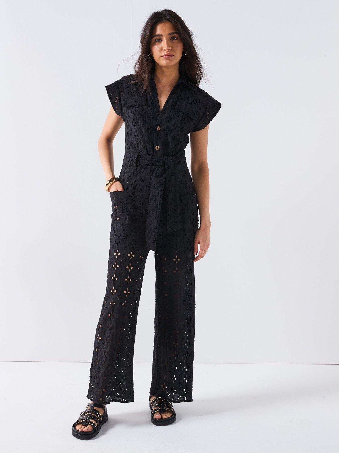 V by Very Broderie Utility Jumpsuit - Black
