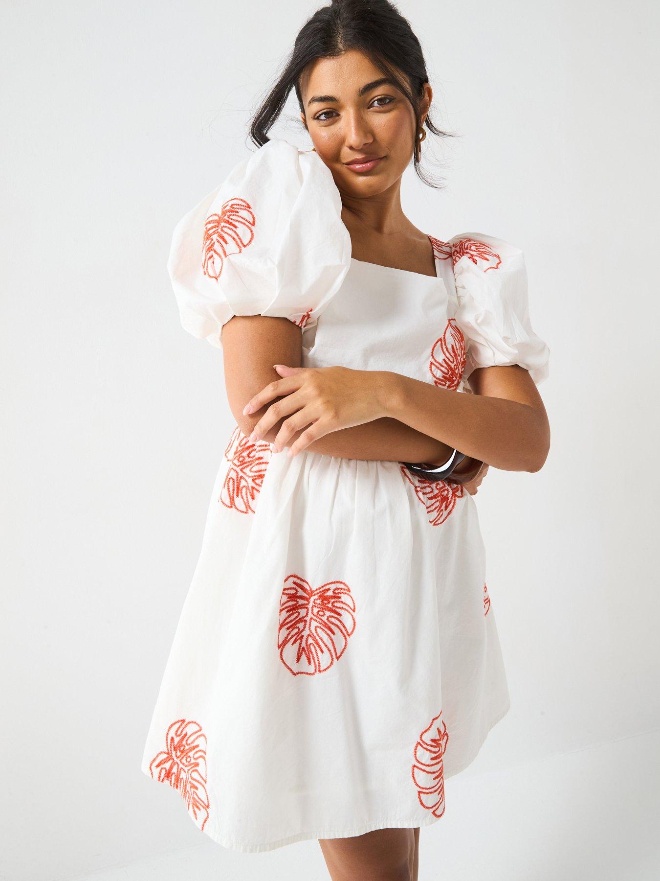 V by Very Palm Leaf Embroidered Puff Sleeve Mini Dress White