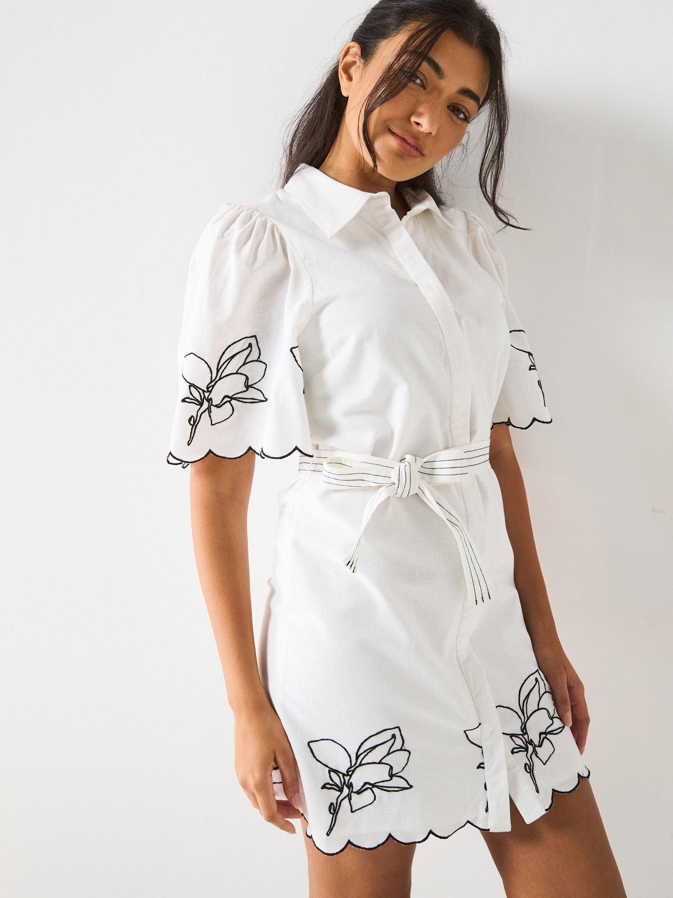 V by Very Embroidered Tie Waist Mini Dress - White