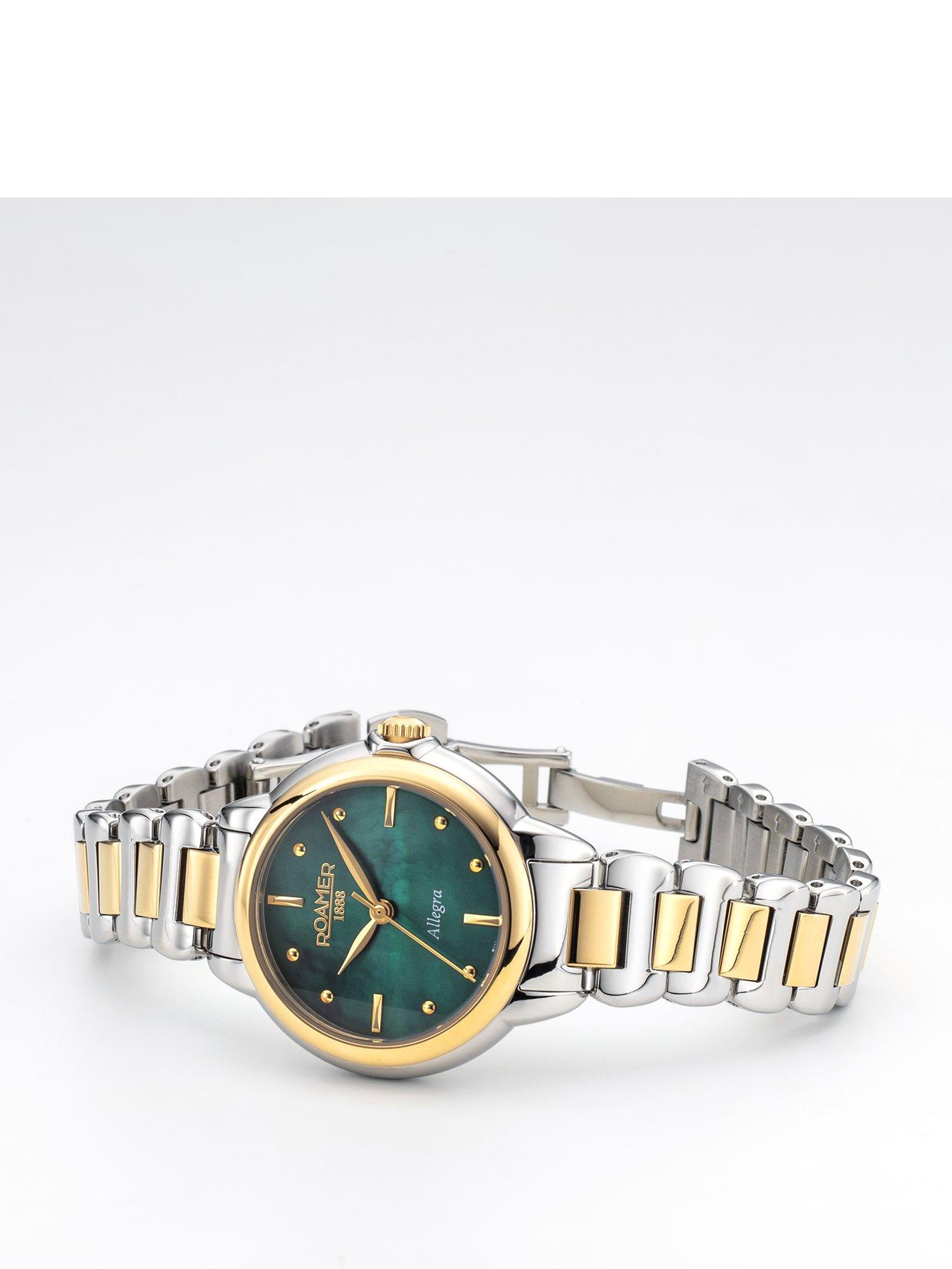  image of roamer-swiss-made-allegra-ladies-watch-with-green-mop-dial-in-a-gold-ip-two-tone-case-and-bracelet