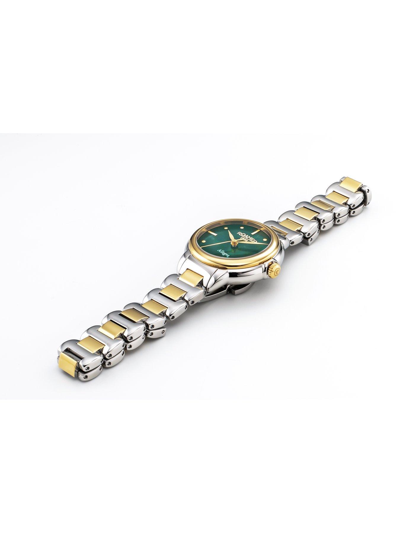  image of roamer-swiss-made-allegra-ladies-watch-with-green-mop-dial-in-a-gold-ip-two-tone-case-and-bracelet