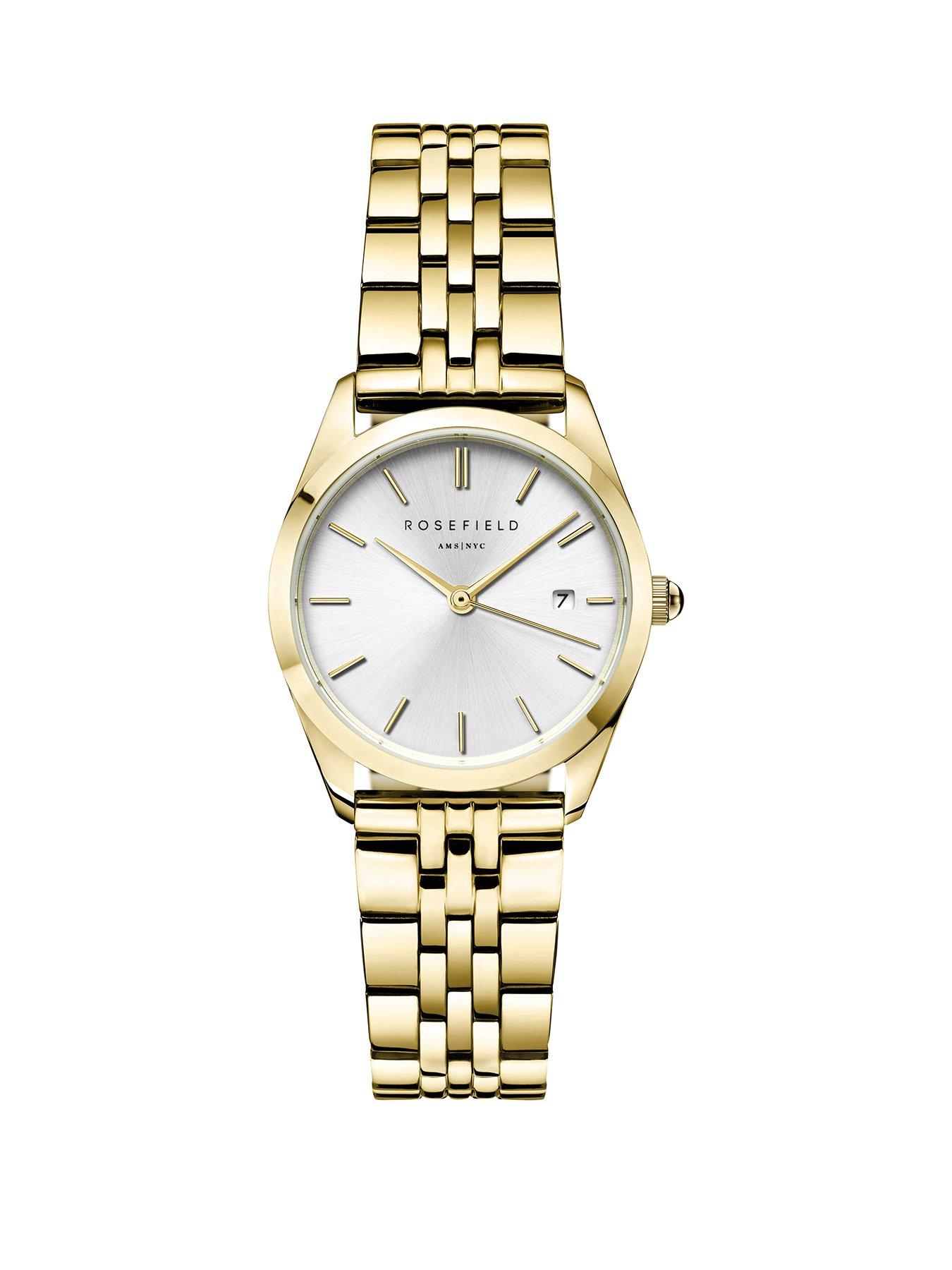 Rosefield Ace XS Silver Sunray Dial Watch with a Gold IP Case and Stainless Steel Bracelet