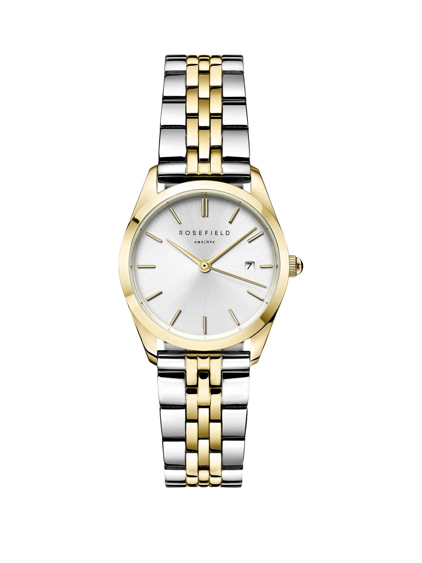 Rosefield Ace XS Silver Sunray Dial with a Gold IP Two Tone Case and Stainless Steel Bracelet Watch