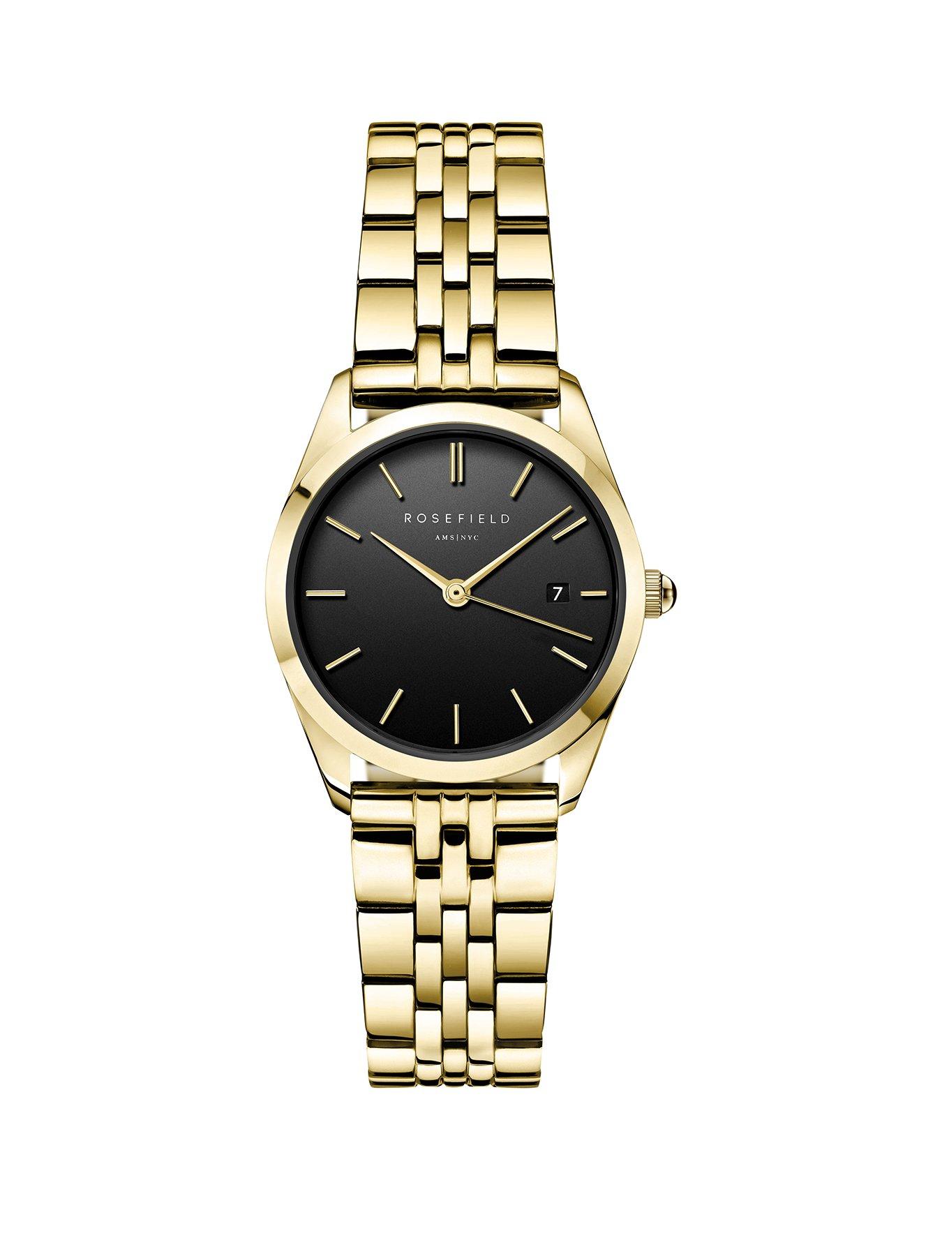  image of rosefield-ace-xs-black-sunray-dial-with-a-gold-ip-case-and-stainless-steel-bracelet