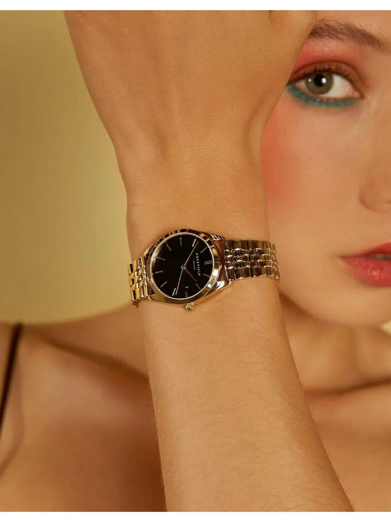  image of rosefield-ace-xs-black-sunray-dial-with-a-gold-ip-case-and-stainless-steel-bracelet