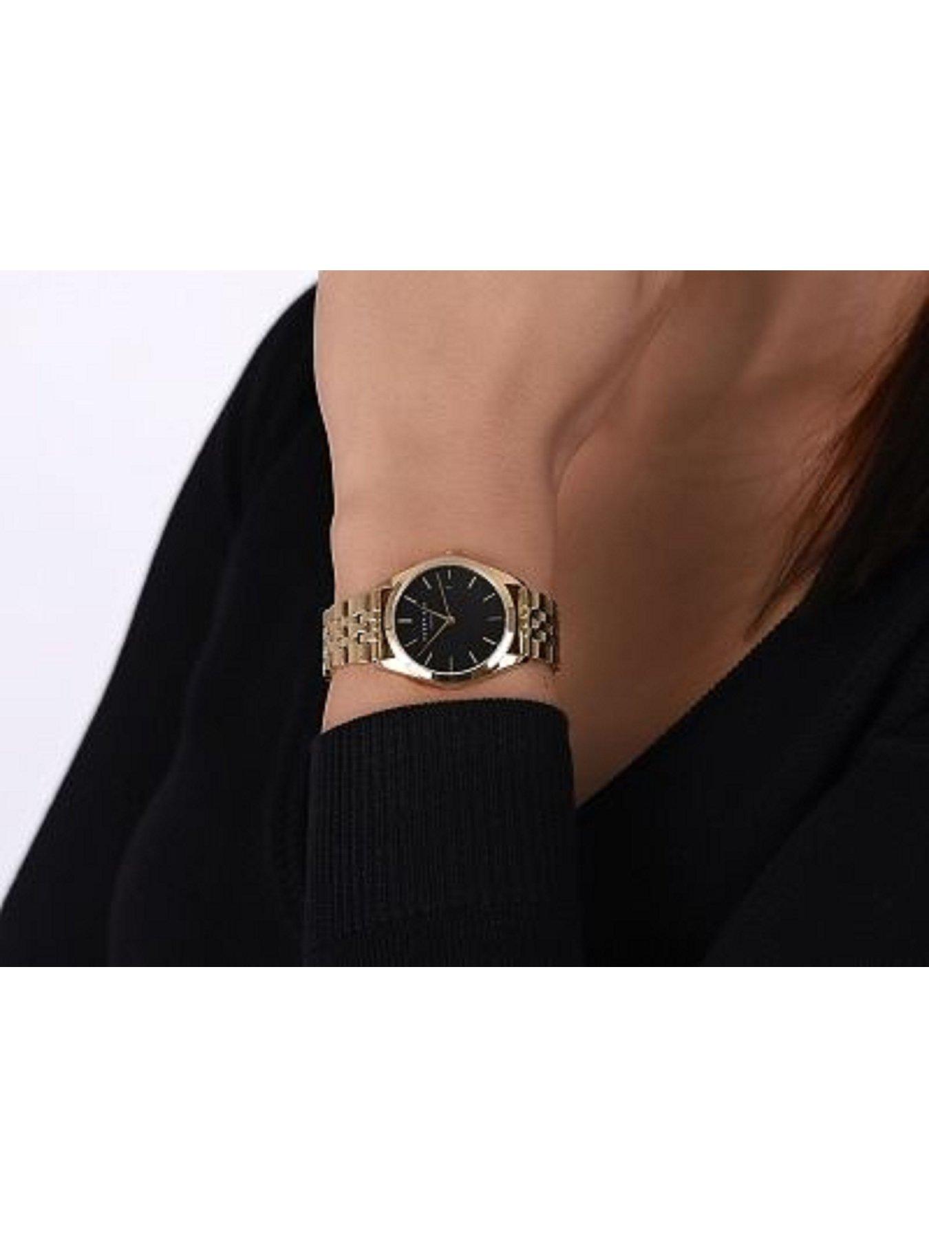  image of rosefield-ace-xs-black-sunray-dial-with-a-gold-ip-case-and-stainless-steel-bracelet
