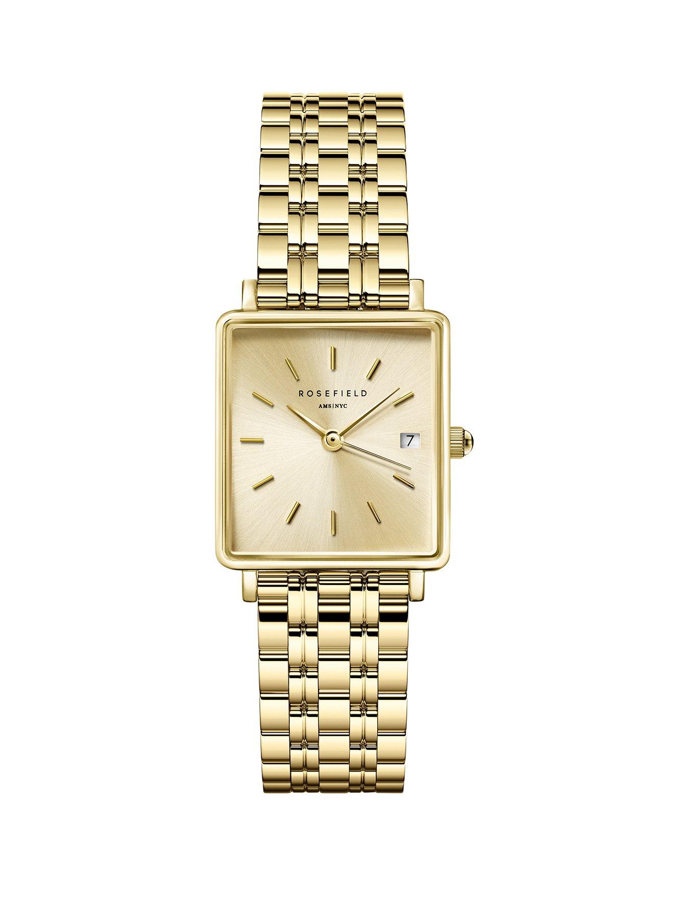 Rosefield Boxy XS Champagne Dial Watch in a Gold IP case and Stainless Steel Bracelet