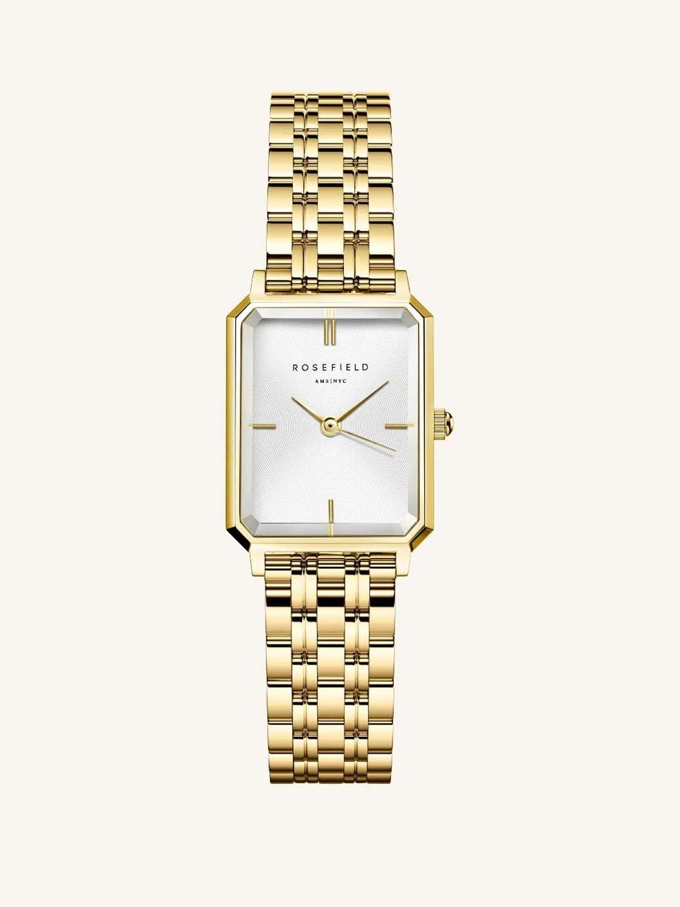  image of rosefield-octagon-xs-silver-sunray-dial-in-a-gold-ip-case-and-stainless-steel-bracelet