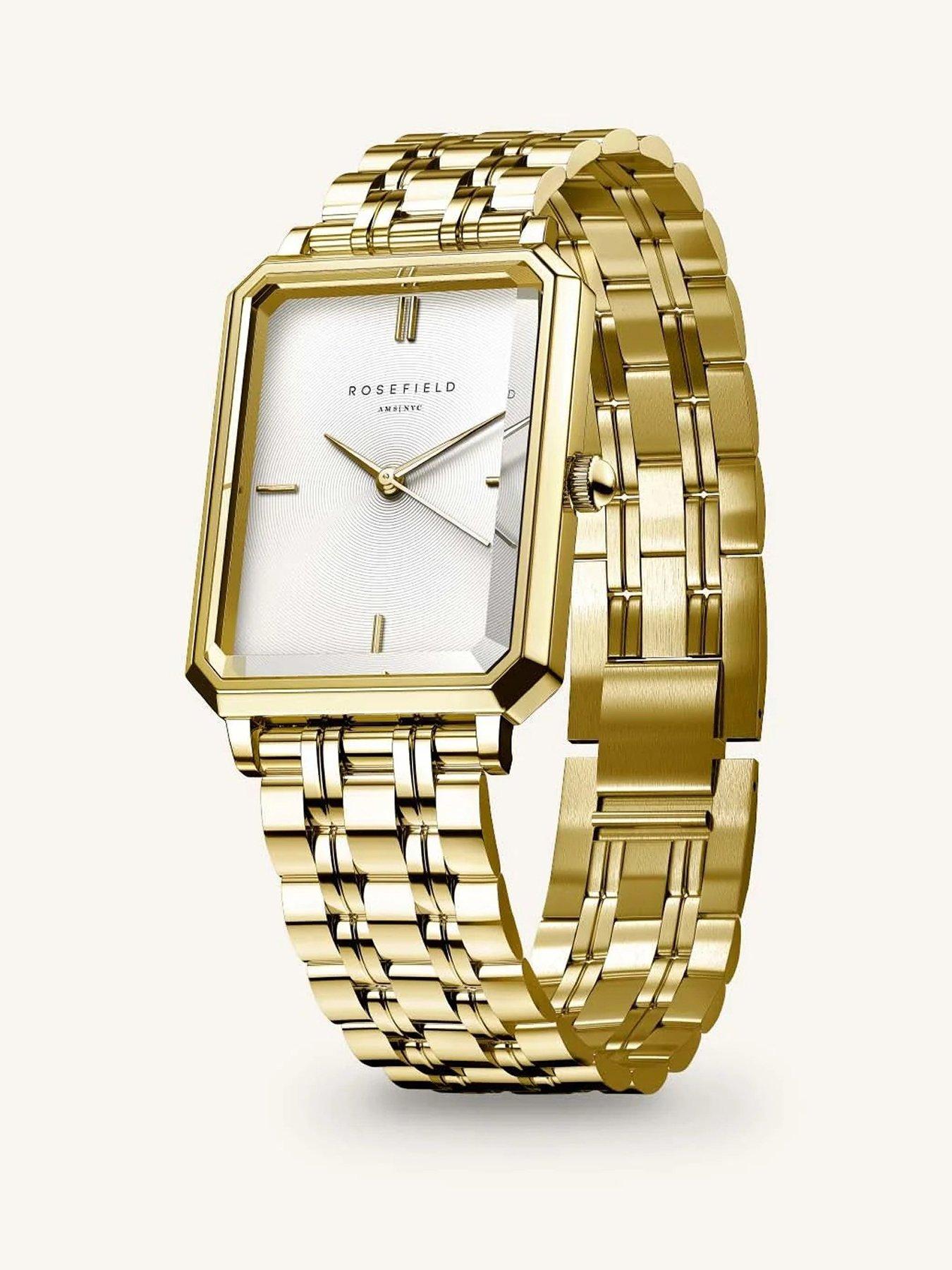  image of rosefield-octagon-xs-silver-sunray-dial-in-a-gold-ip-case-and-stainless-steel-bracelet