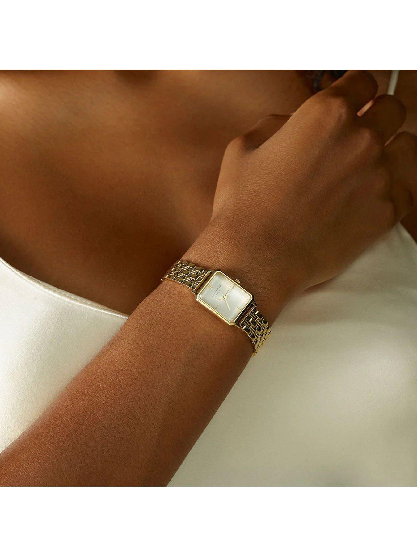  image of rosefield-octagon-xs-silver-sunray-dial-in-a-gold-ip-case-and-stainless-steel-bracelet