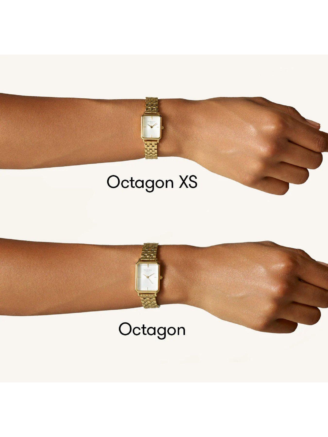  image of rosefield-octagon-xs-silver-sunray-dial-in-a-gold-ip-case-and-stainless-steel-bracelet