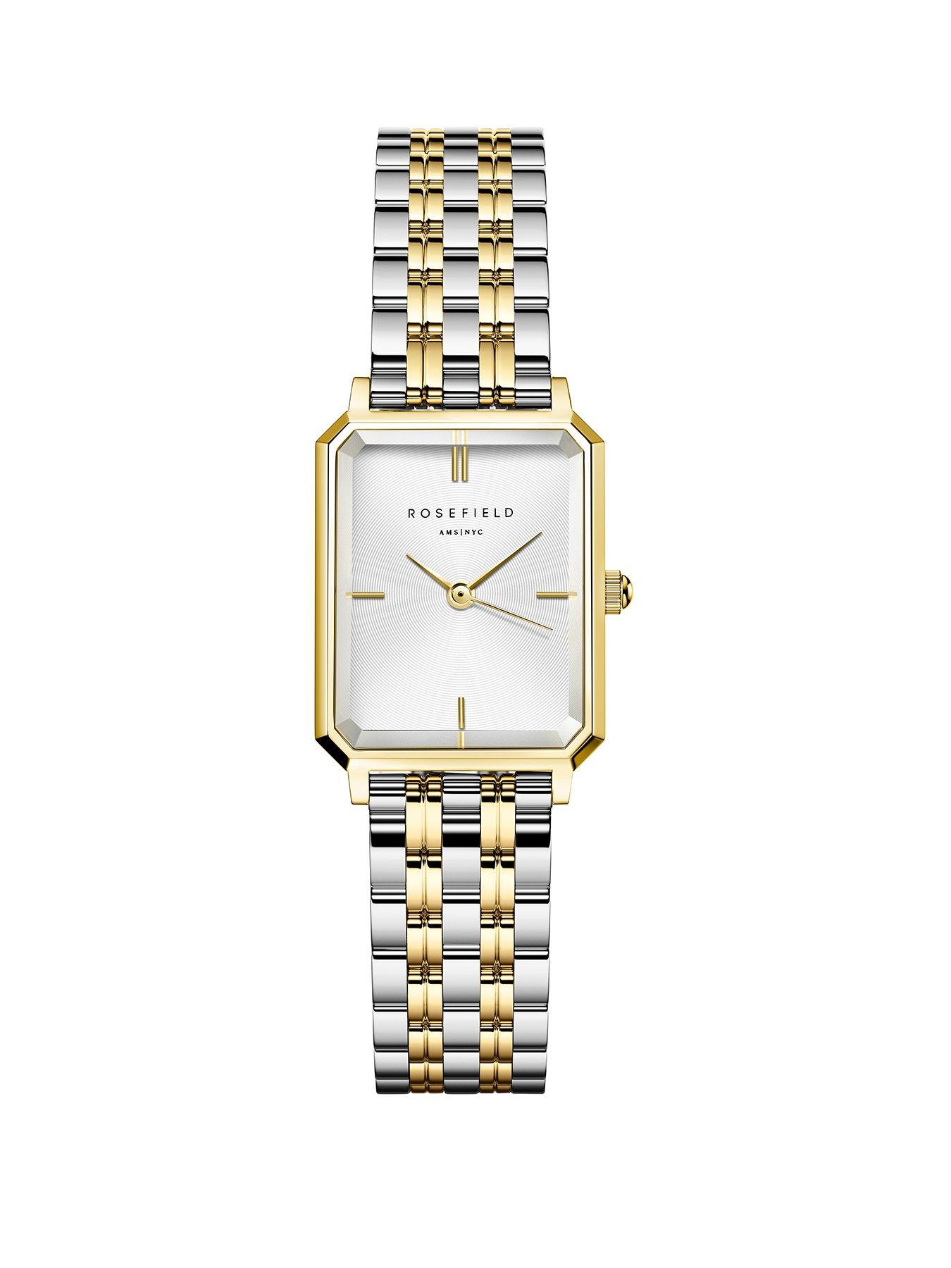  image of rosefield-octagon-xs-silver-sunray-dial-in-a-gold-ip-two-tone-case-and-stainless-steel-bracelet