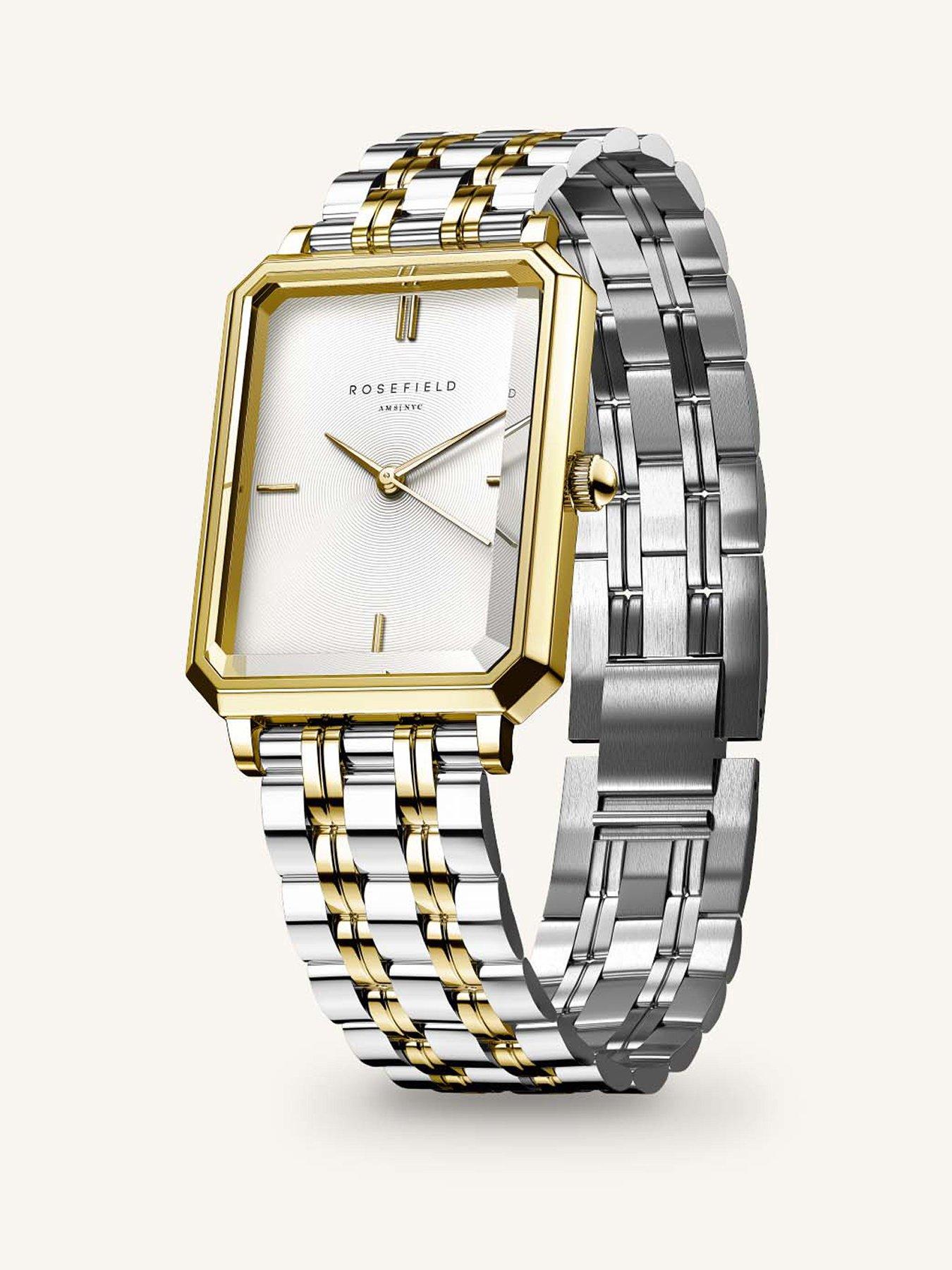 image of rosefield-octagon-xs-silver-sunray-dial-in-a-gold-ip-two-tone-case-and-stainless-steel-bracelet
