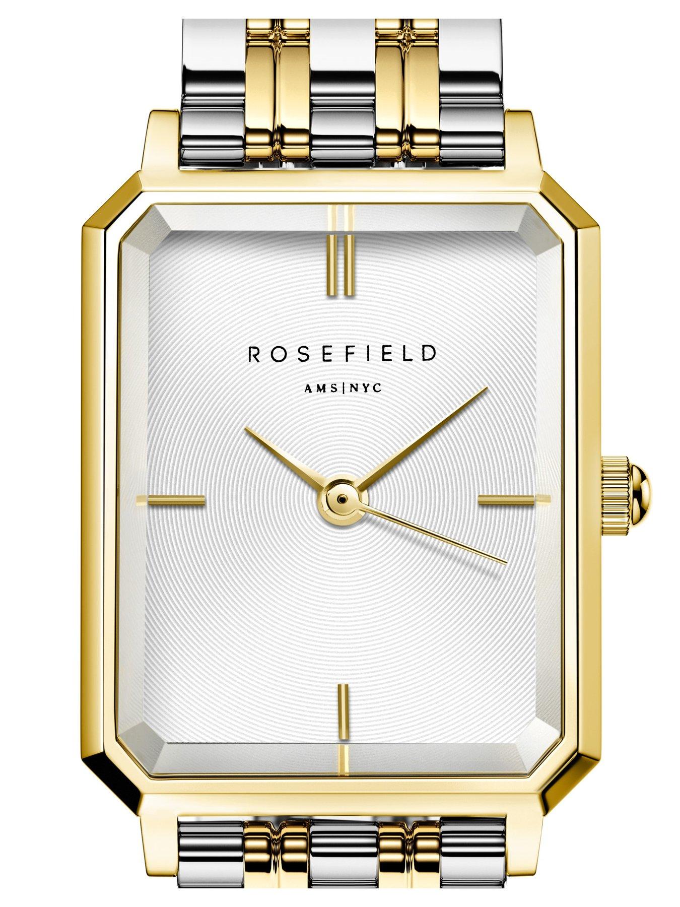  image of rosefield-octagon-xs-silver-sunray-dial-in-a-gold-ip-two-tone-case-and-stainless-steel-bracelet