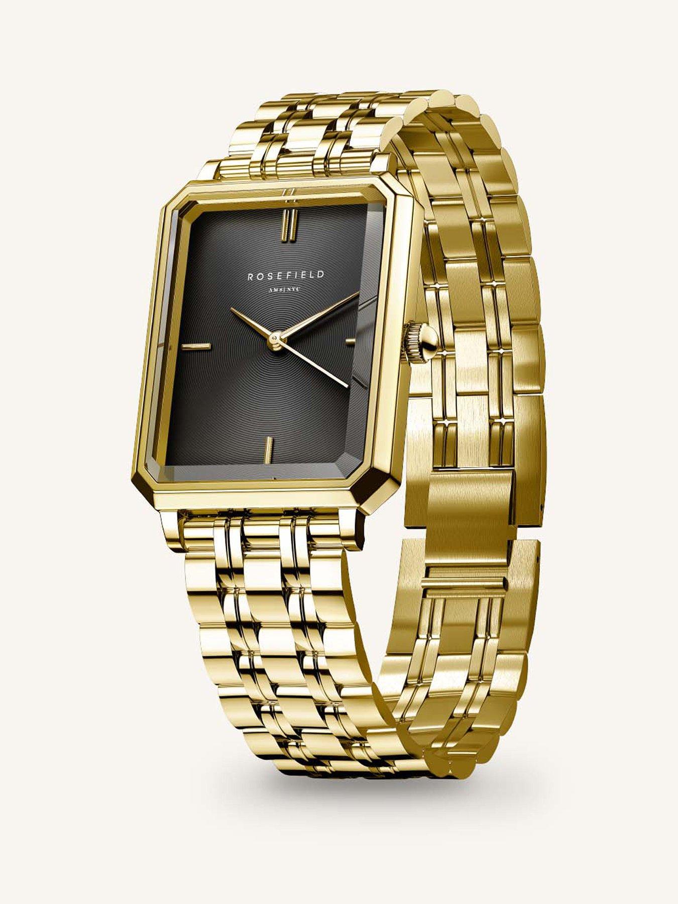  image of rosefield-octagon-xs-black-sunray-dial-in-a-gold-ip-case-and-stainless-steel-bracelet