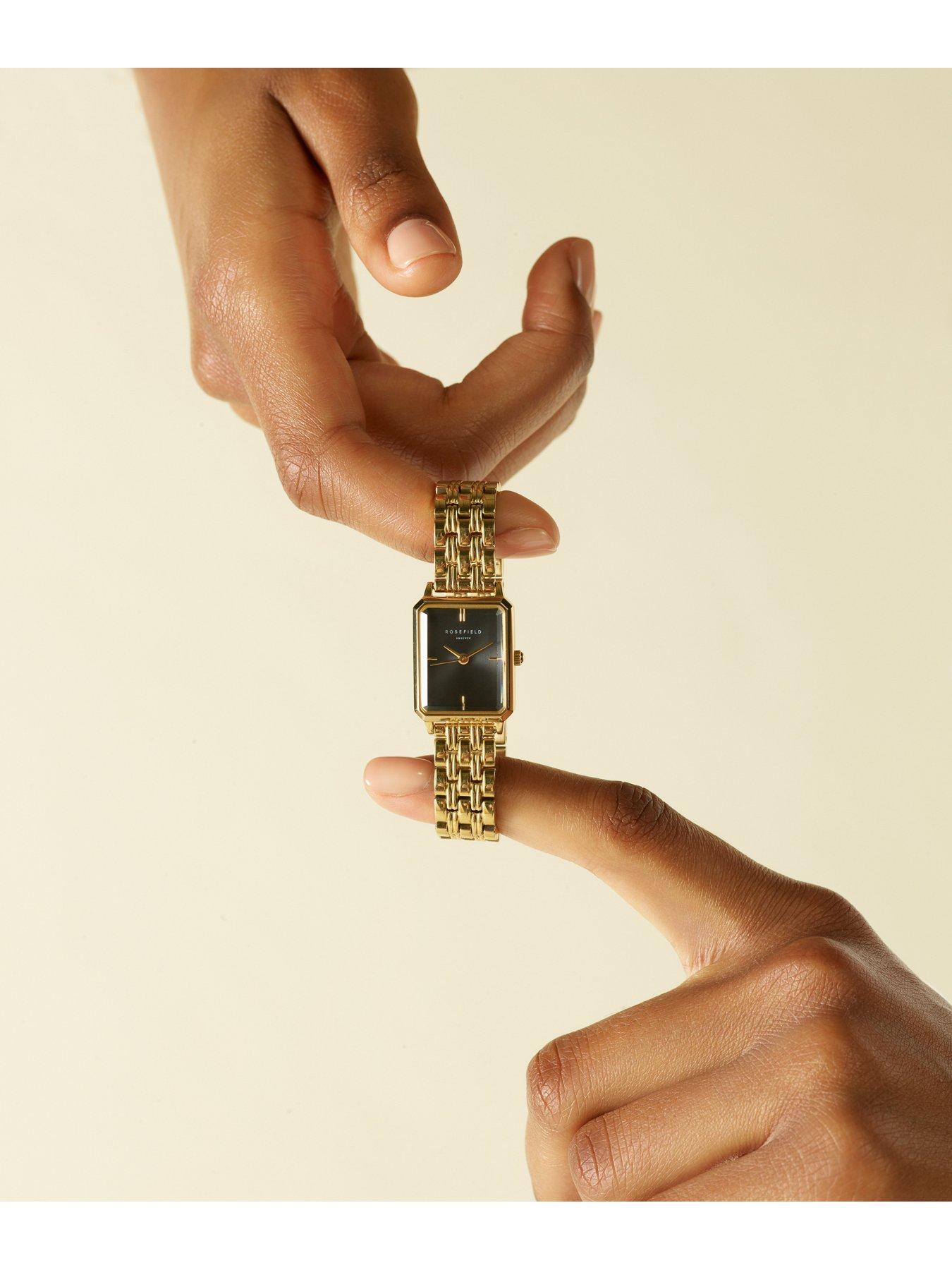  image of rosefield-octagon-xs-black-sunray-dial-in-a-gold-ip-case-and-stainless-steel-bracelet