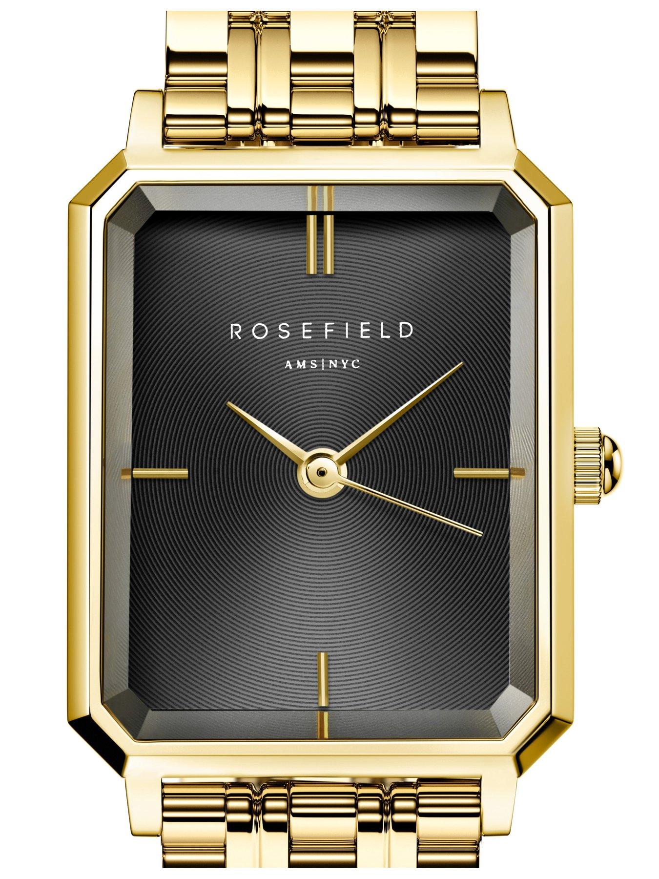  image of rosefield-octagon-xs-black-sunray-dial-in-a-gold-ip-case-and-stainless-steel-bracelet