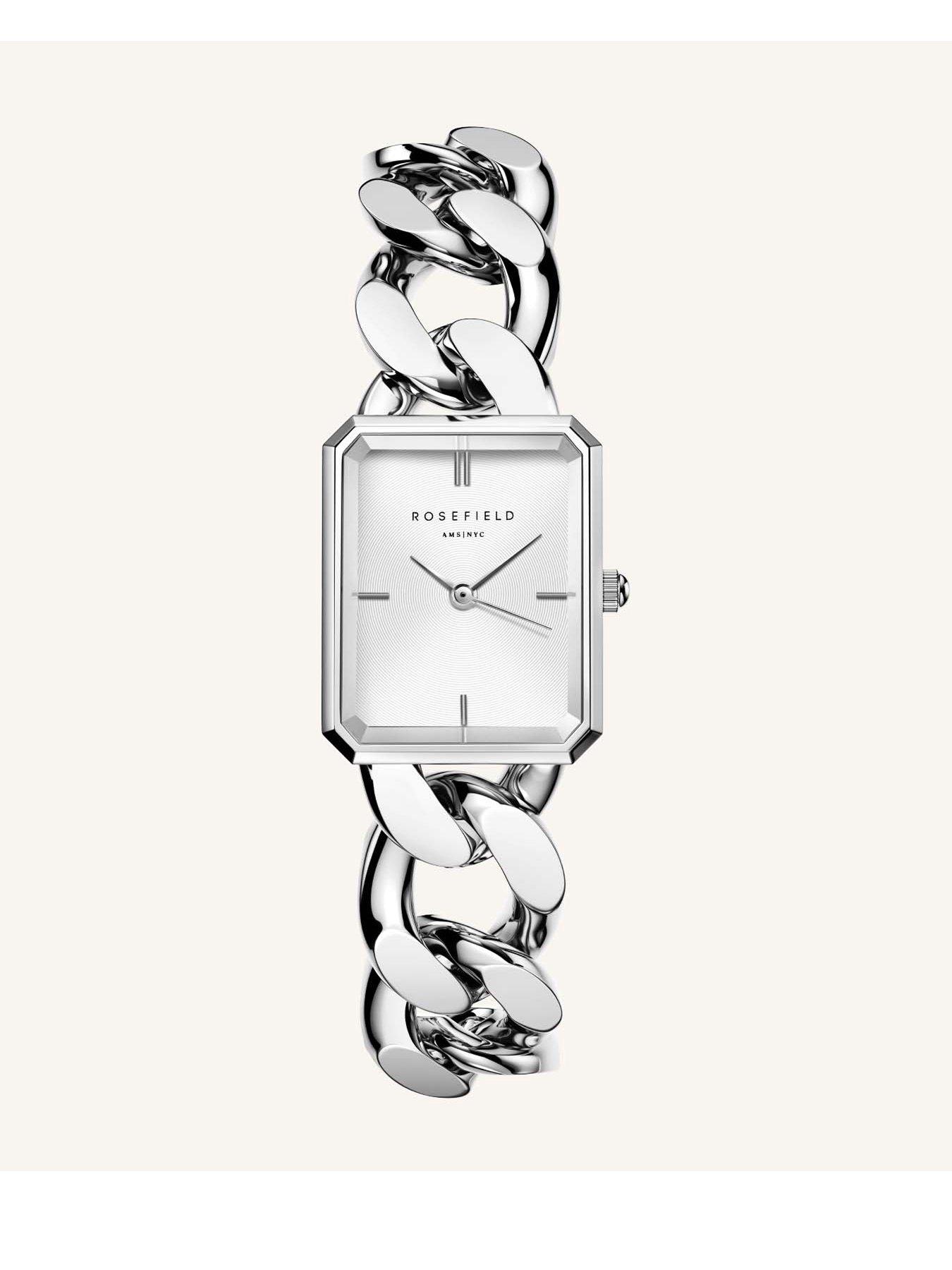 Rosefield Octagon XS Chain Watch Studio Edition with Silver Dial in a Silver Colour case and Stainless Steel Bracelet