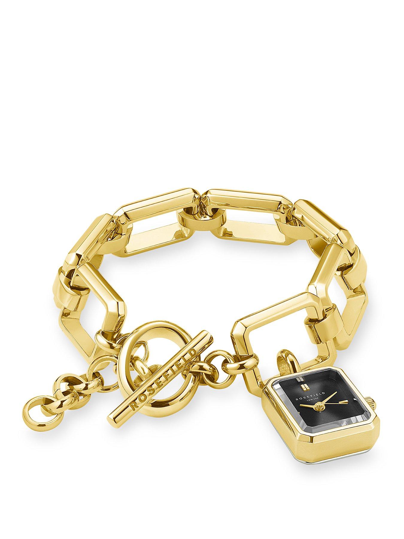  image of rosefield-octagon-charm-chain-watch-with-black-dial-in-a-gold-ip-case-and-stainless-steel-bracelet