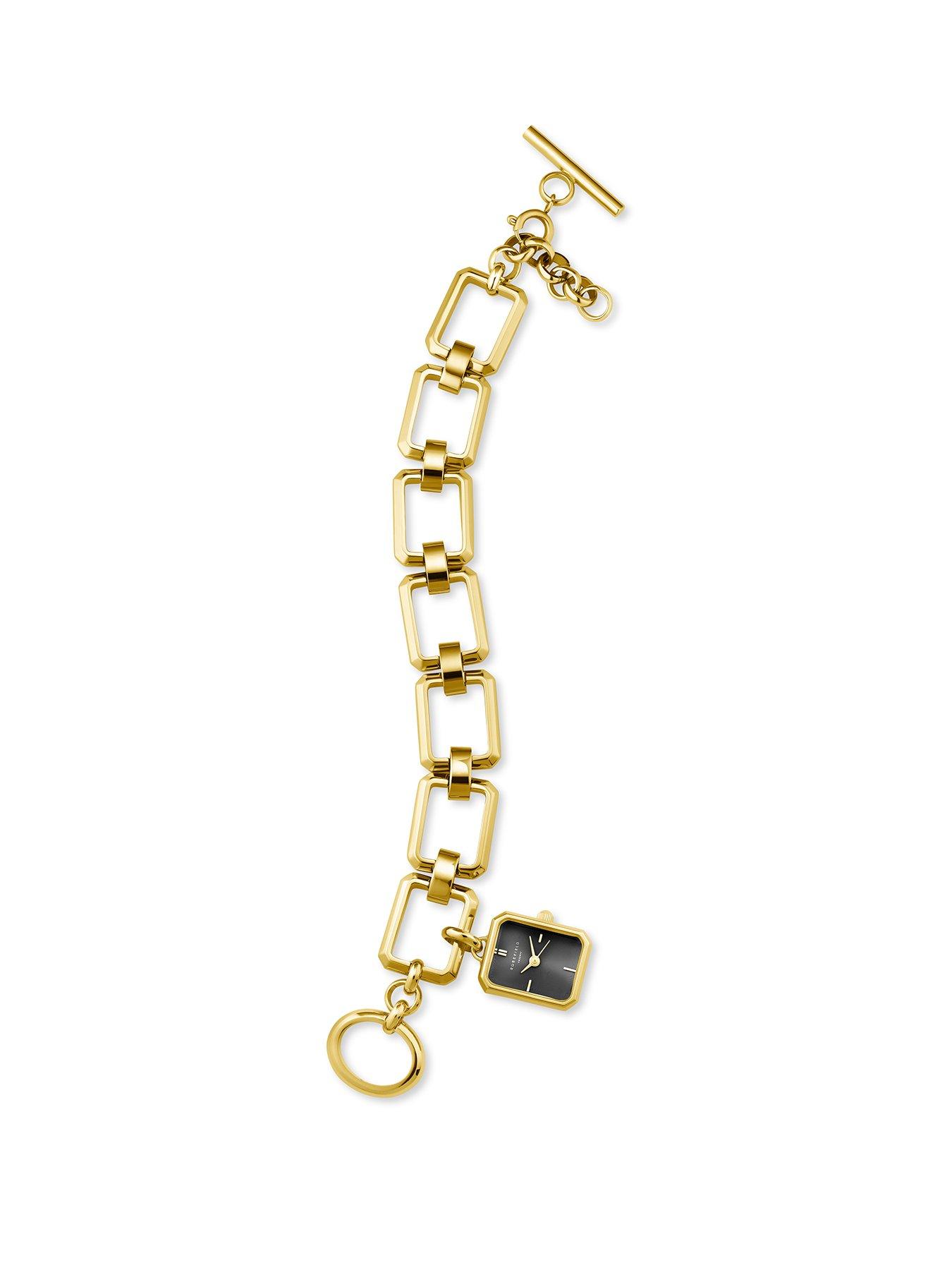 image of rosefield-octagon-charm-chain-watch-with-black-dial-in-a-gold-ip-case-and-stainless-steel-bracelet