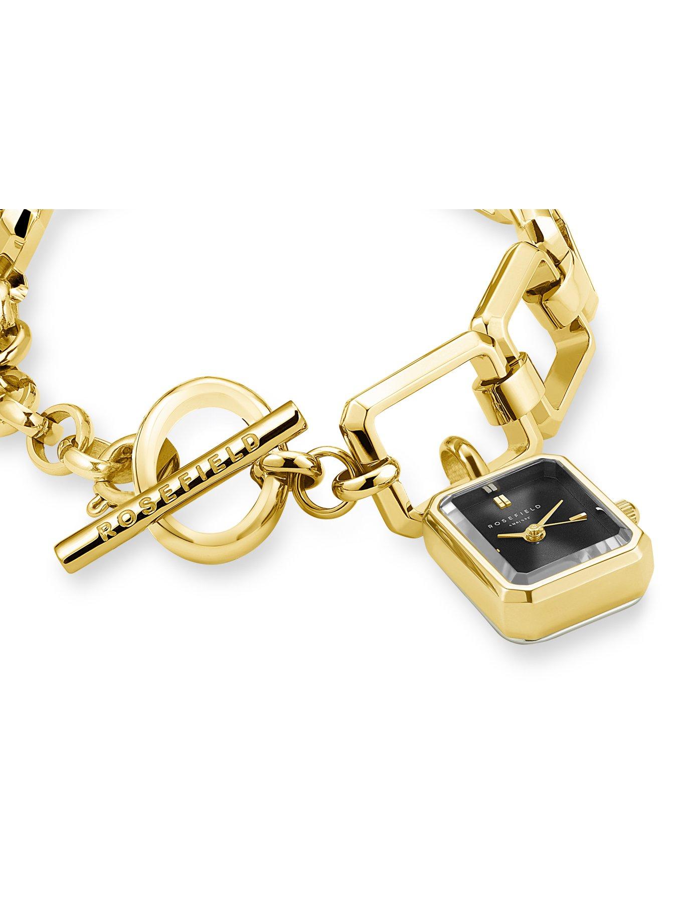  image of rosefield-octagon-charm-chain-watch-with-black-dial-in-a-gold-ip-case-and-stainless-steel-bracelet