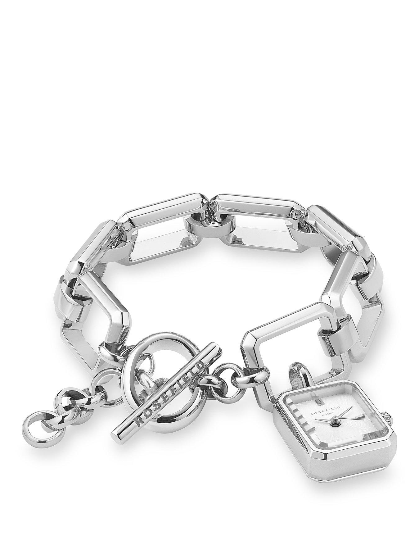  image of rosefield-octagon-charm-chain-watch-with-silver-dial-in-a-silver-colour-case-and-stainless-steel-bracelet