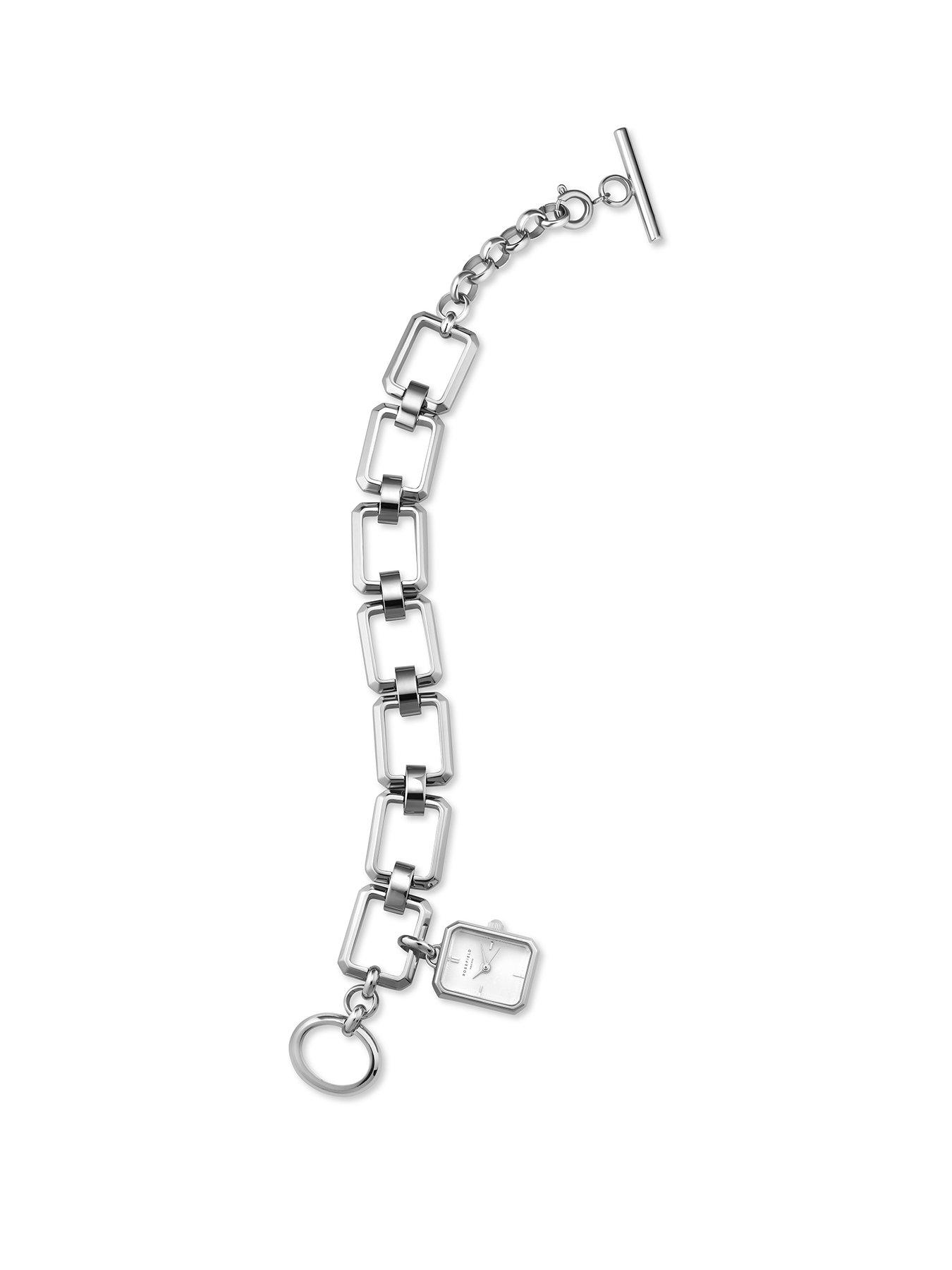  image of rosefield-octagon-charm-chain-watch-with-silver-dial-in-a-silver-colour-case-and-stainless-steel-bracelet