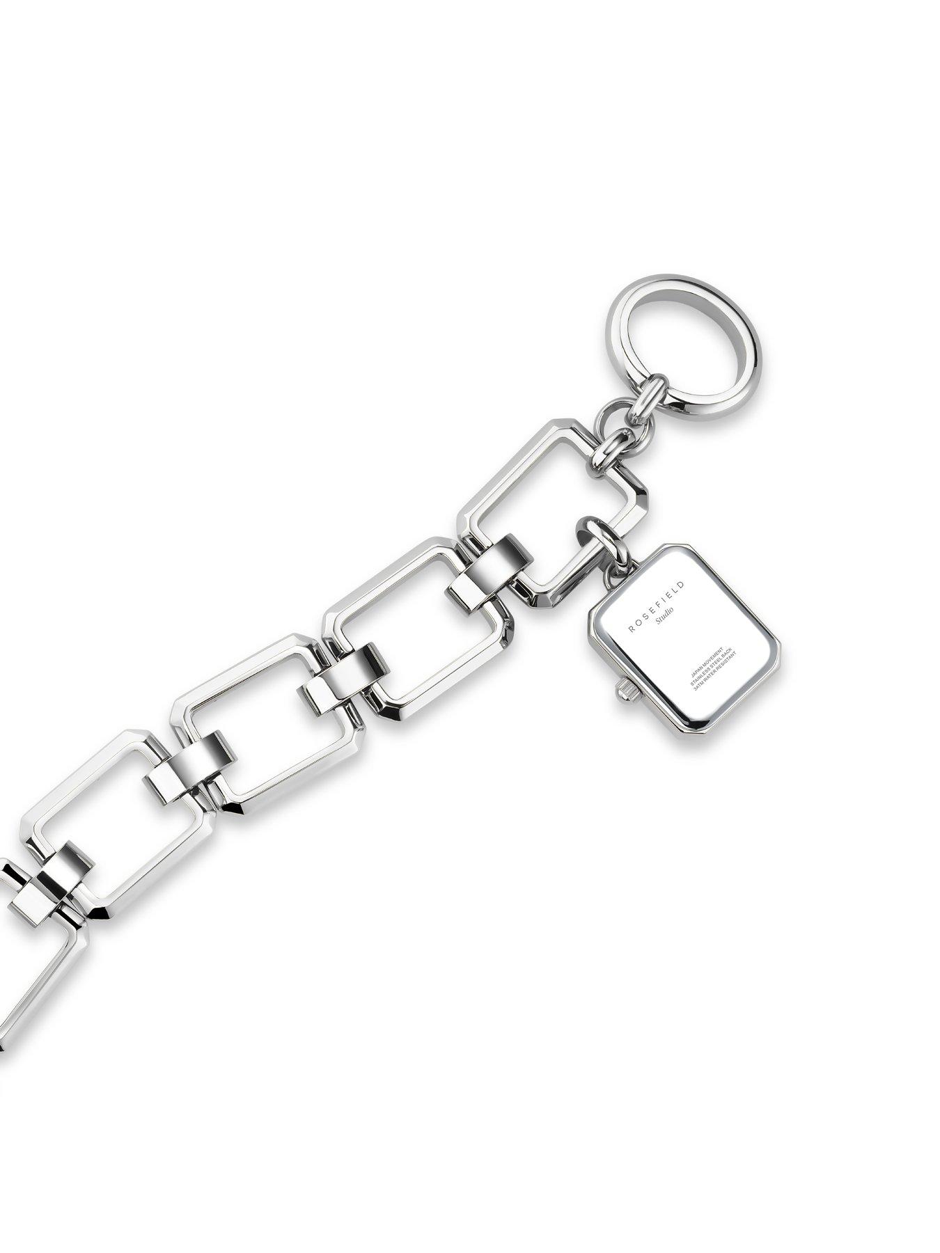  image of rosefield-octagon-charm-chain-watch-with-silver-dial-in-a-silver-colour-case-and-stainless-steel-bracelet
