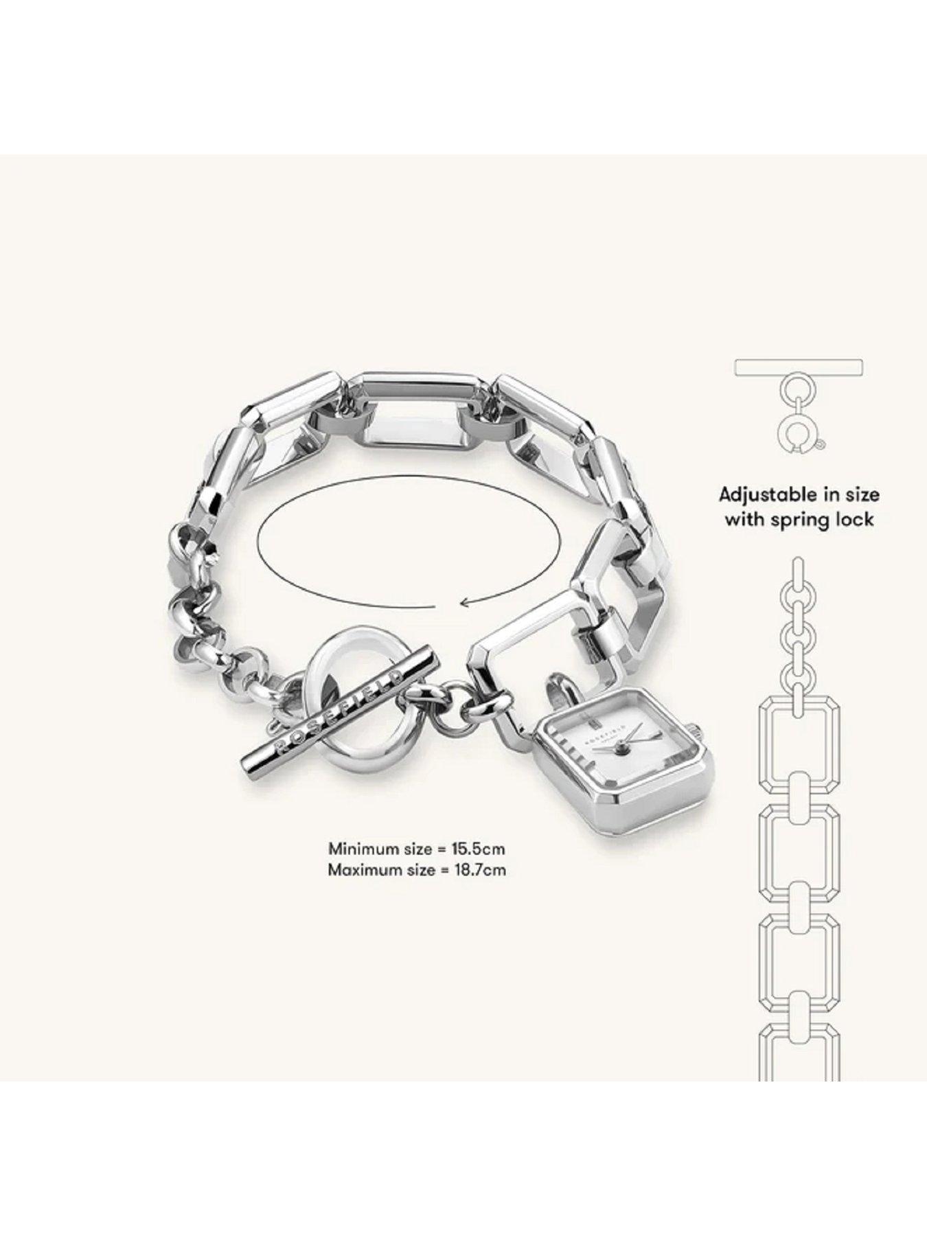  image of rosefield-octagon-charm-chain-watch-with-silver-dial-in-a-silver-colour-case-and-stainless-steel-bracelet