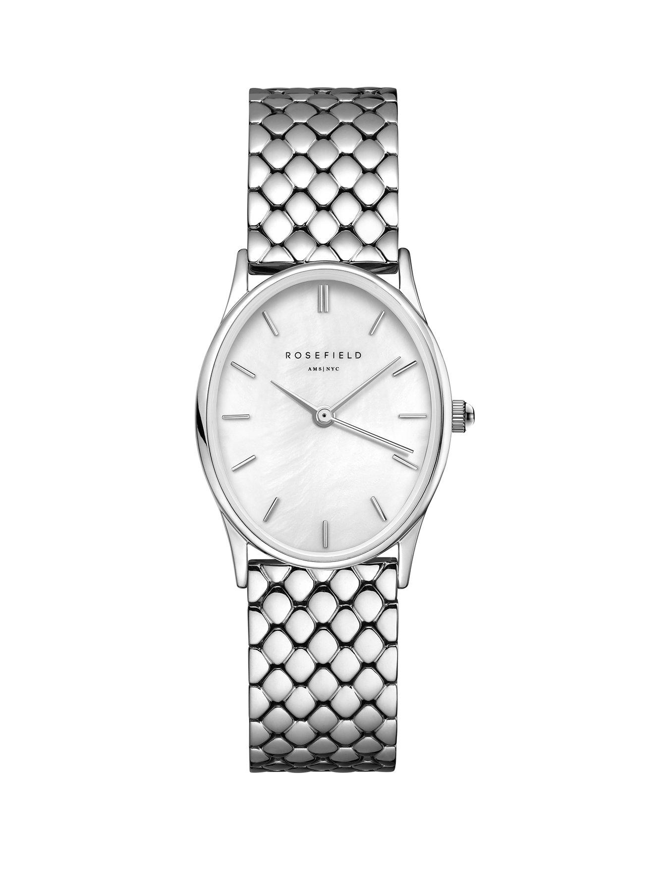  image of rosefield-oval-watch-with-white-mop-dial-in-a-silver-colour-case-and-stainless-steel-bracelet