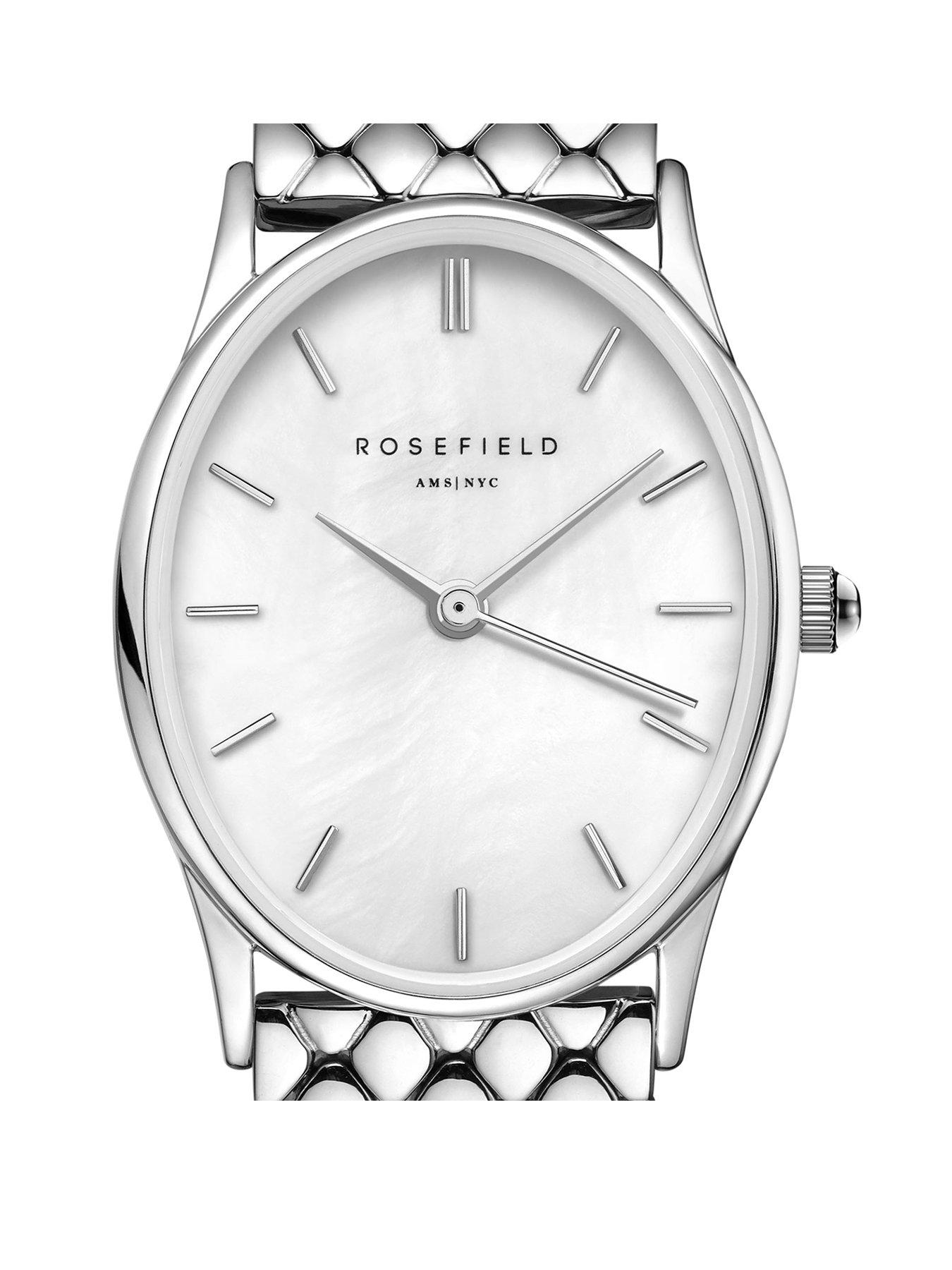  image of rosefield-oval-watch-with-white-mop-dial-in-a-silver-colour-case-and-stainless-steel-bracelet