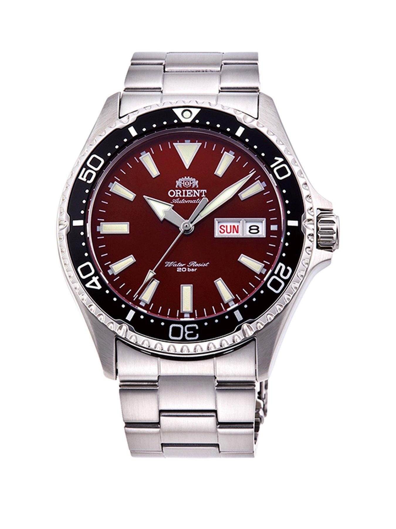 Orient Automatic Mako III Divers Watch with Red Dial and Stainless Steel Case and Bracelet. 200m W/R and Unidirectional Bezel