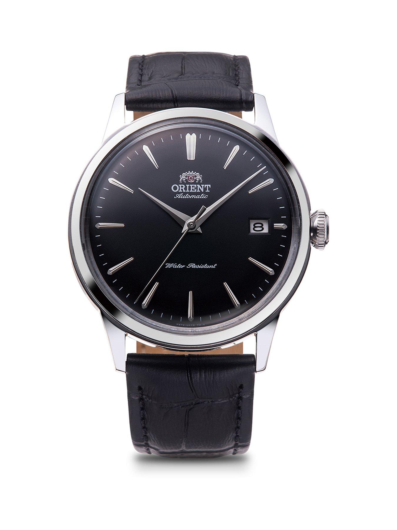  image of orient-automatic-bambino-classic-with-black-dial-in-stainless-steel-case-and-a-black-leather-strap