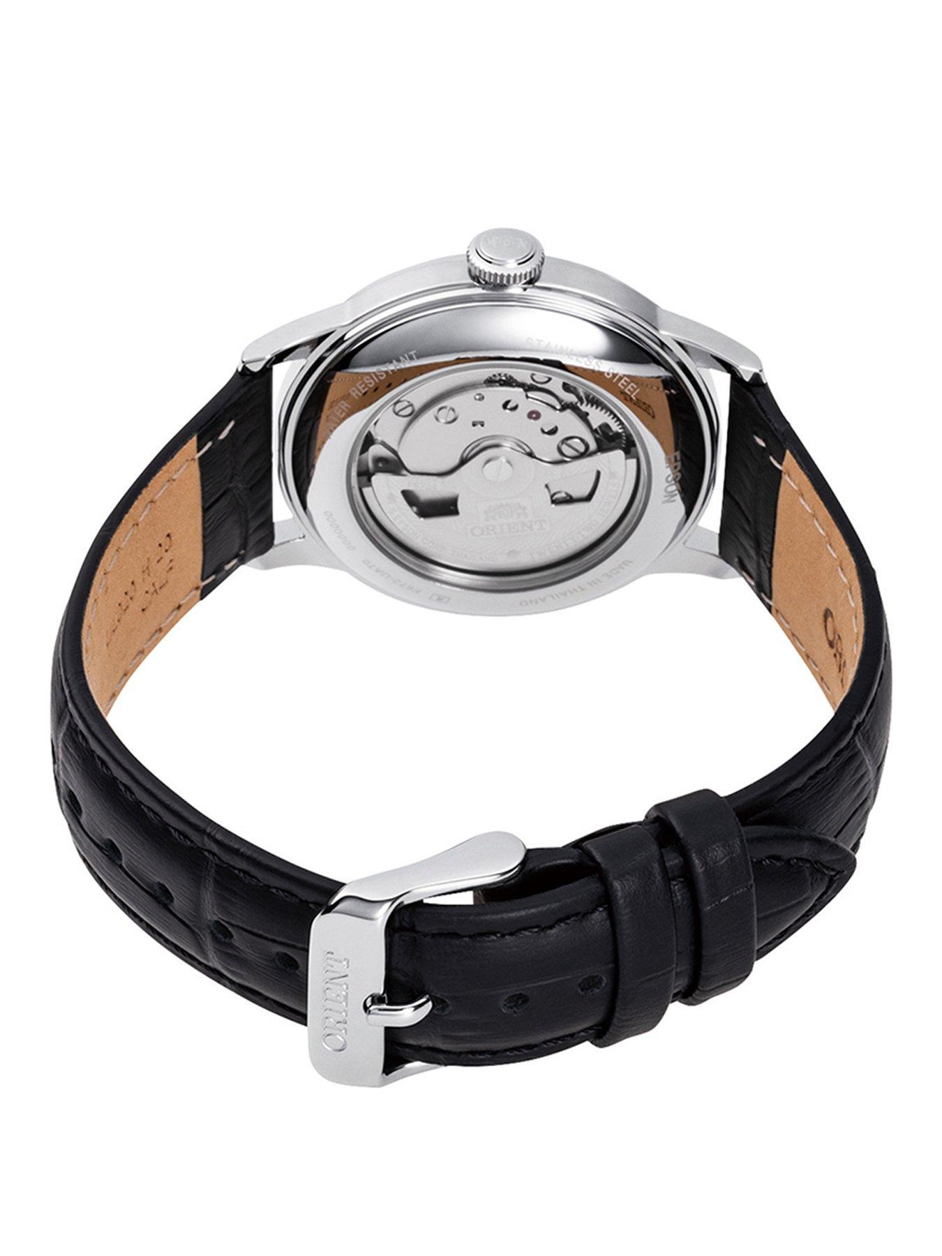 image of orient-automatic-bambino-classic-with-black-dial-in-stainless-steel-case-and-a-black-leather-strap