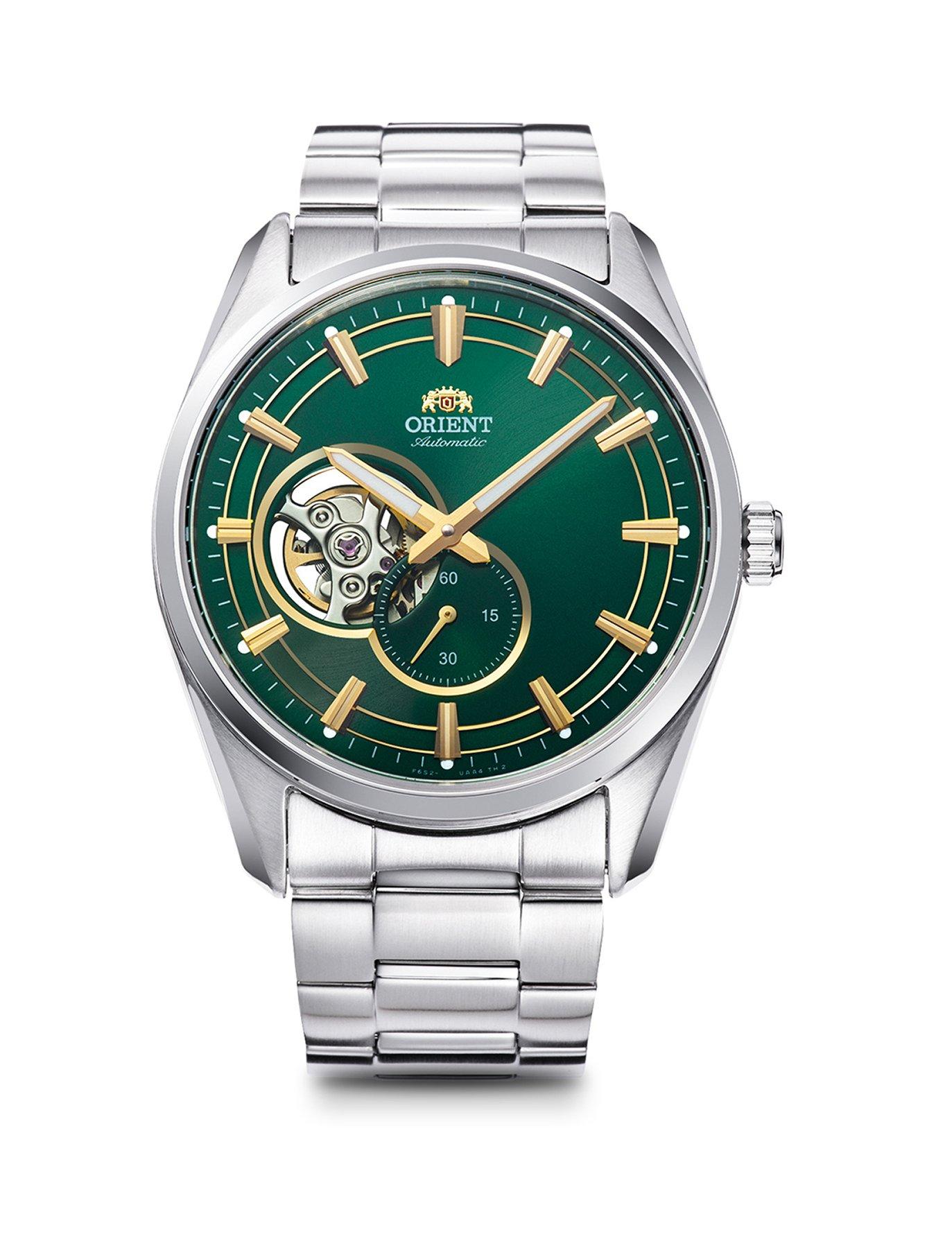 orient-automatic-contemporary-open-heart-watch-with-a-green-dial-in-a-stainless-steel-case-and-bracelet