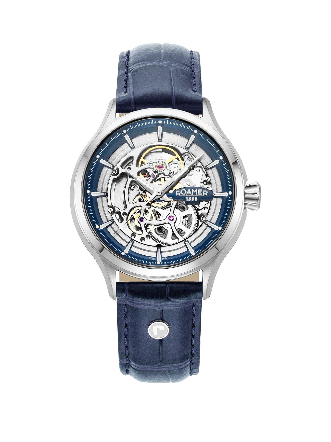  image of roamer-swiss-made-competence-skeleton-iv-automatic-watch-with-stainless-steel-case-and-blue-leather-strap