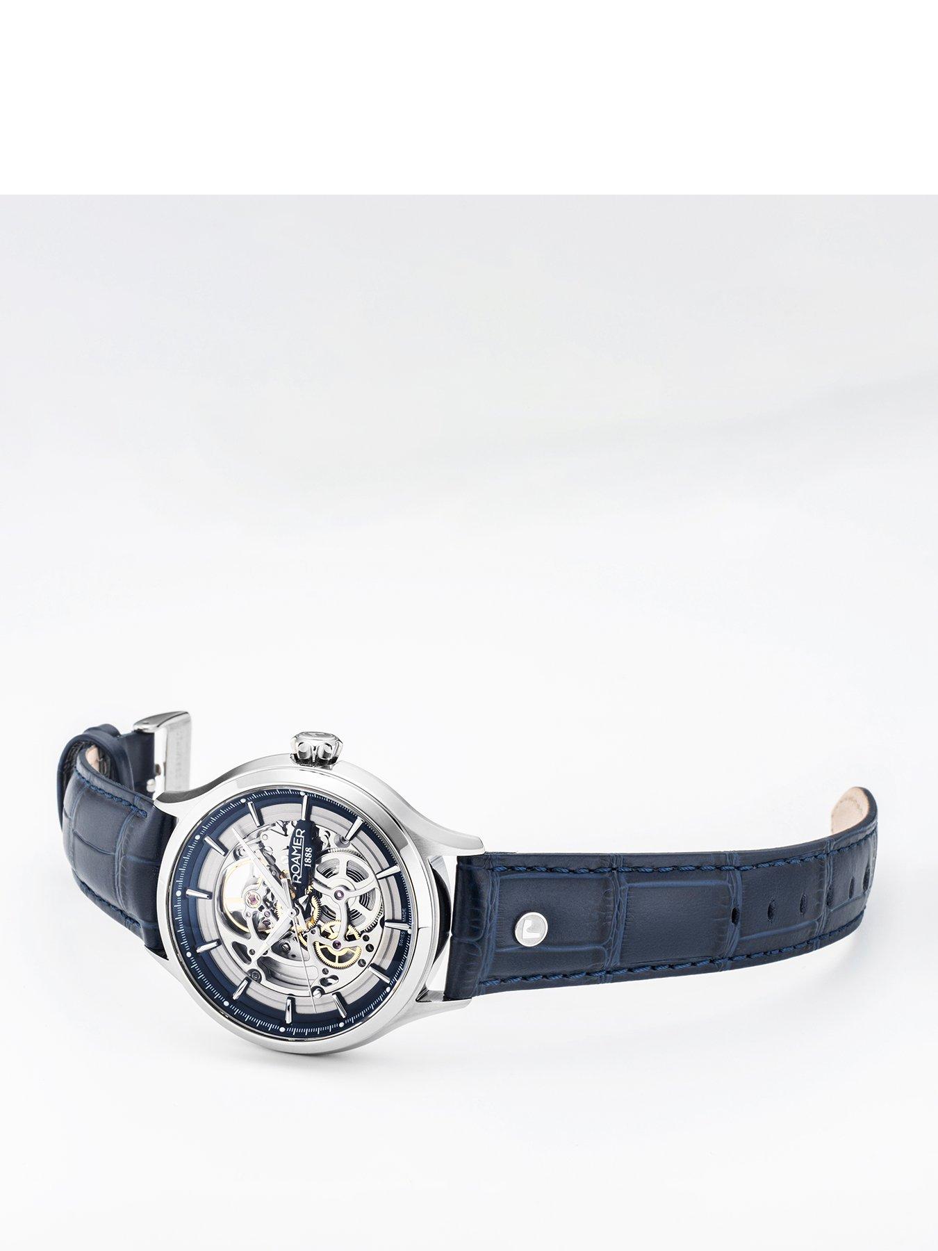  image of roamer-swiss-made-competence-skeleton-iv-automatic-watch-with-stainless-steel-case-and-blue-leather-strap