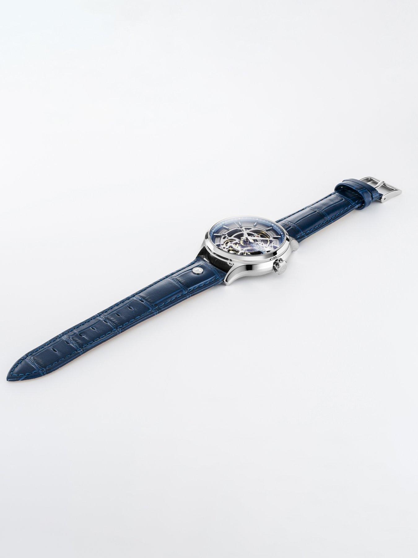  image of roamer-swiss-made-competence-skeleton-iv-automatic-watch-with-stainless-steel-case-and-blue-leather-strap